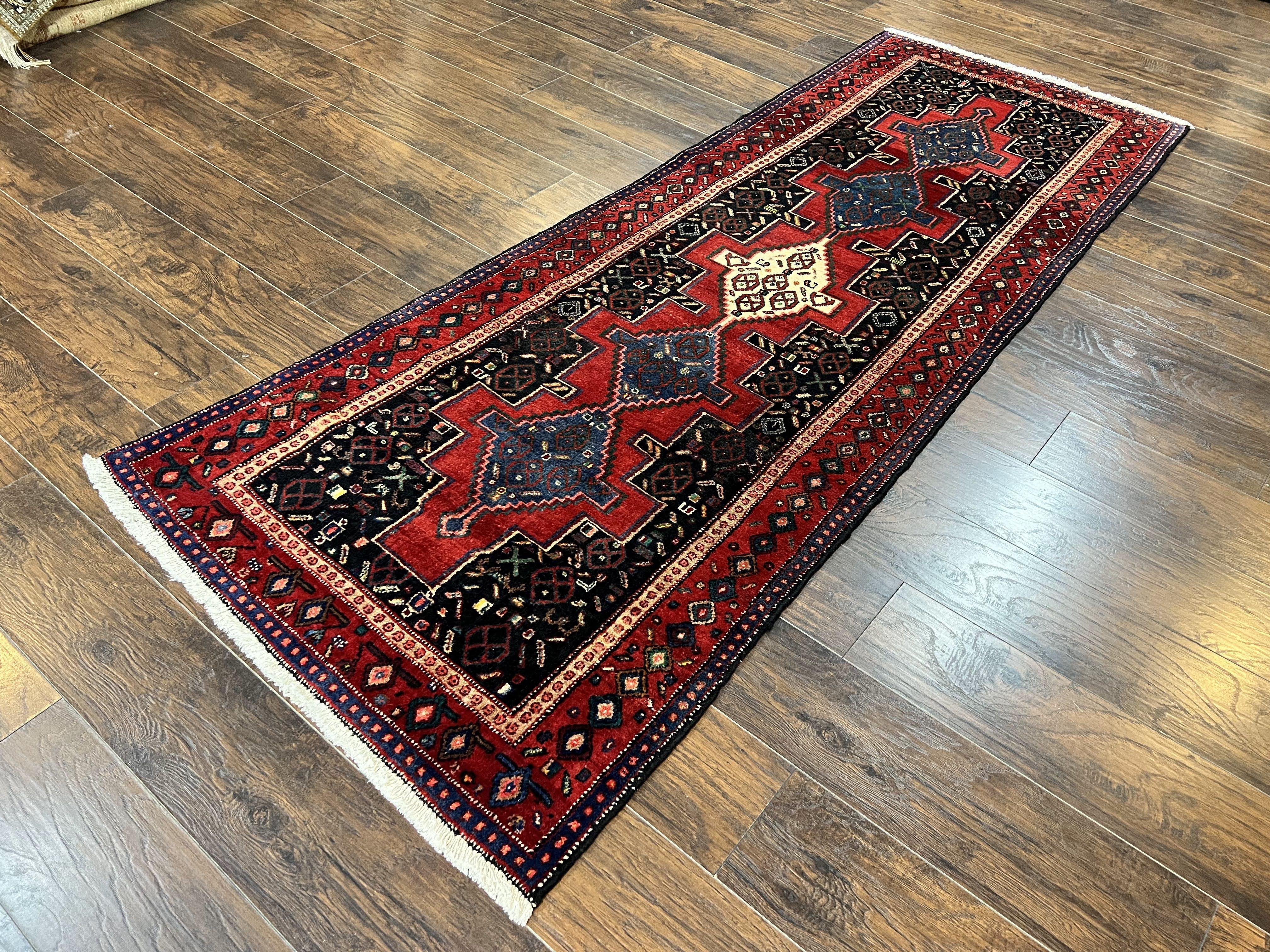 Persian Kurdish Senneh Runner Rug 3x9, Red Navy Blue, Medallions Wool Tribal Runner for Kitchen/Hallway 9ft Antique Handmade Oriental Runner - Jewel Rugs