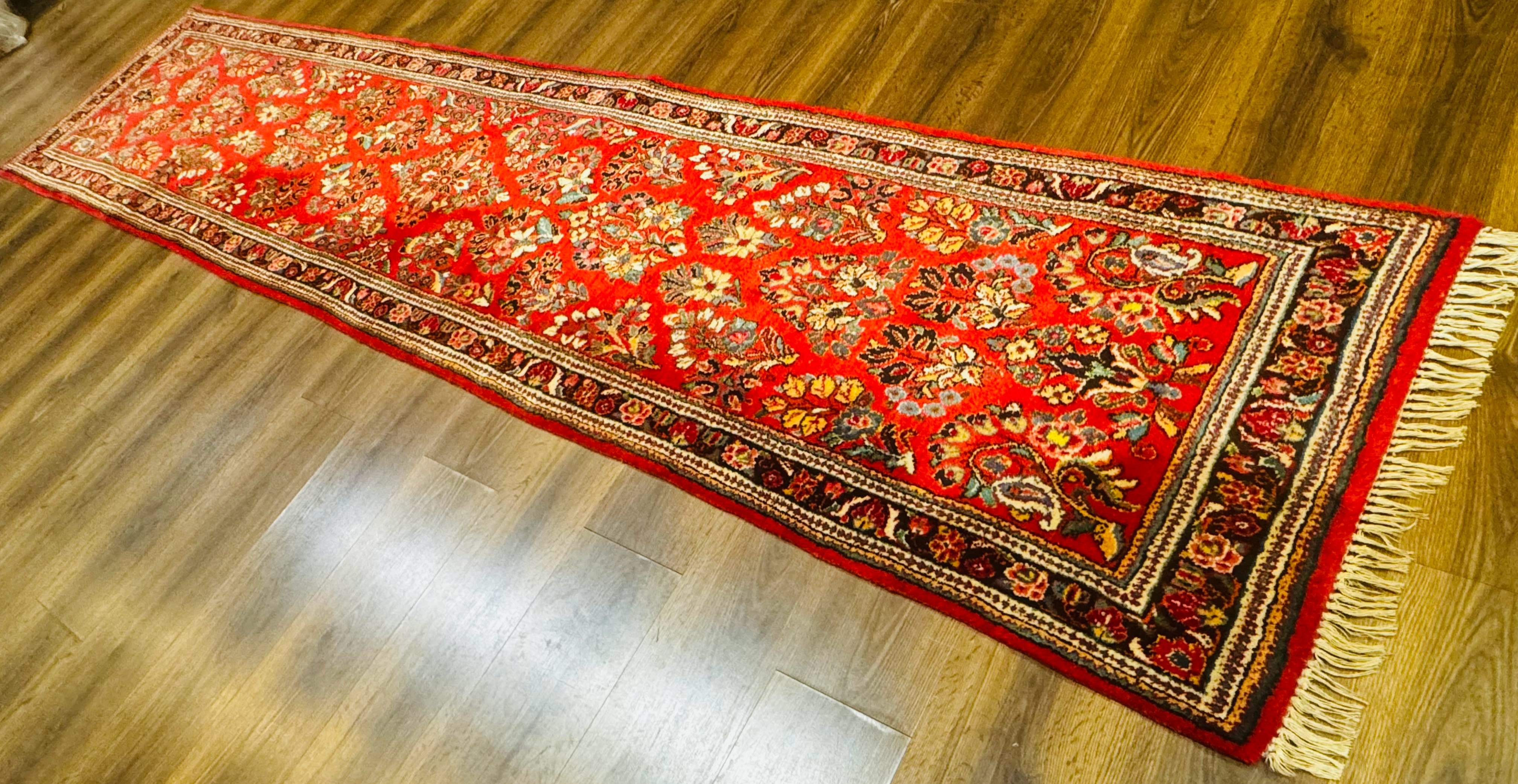 Persian Sarouk Runner Rug 3x12, Red Floral 3 x 12ft Runner, Vintage, Wool - Jewel Rugs