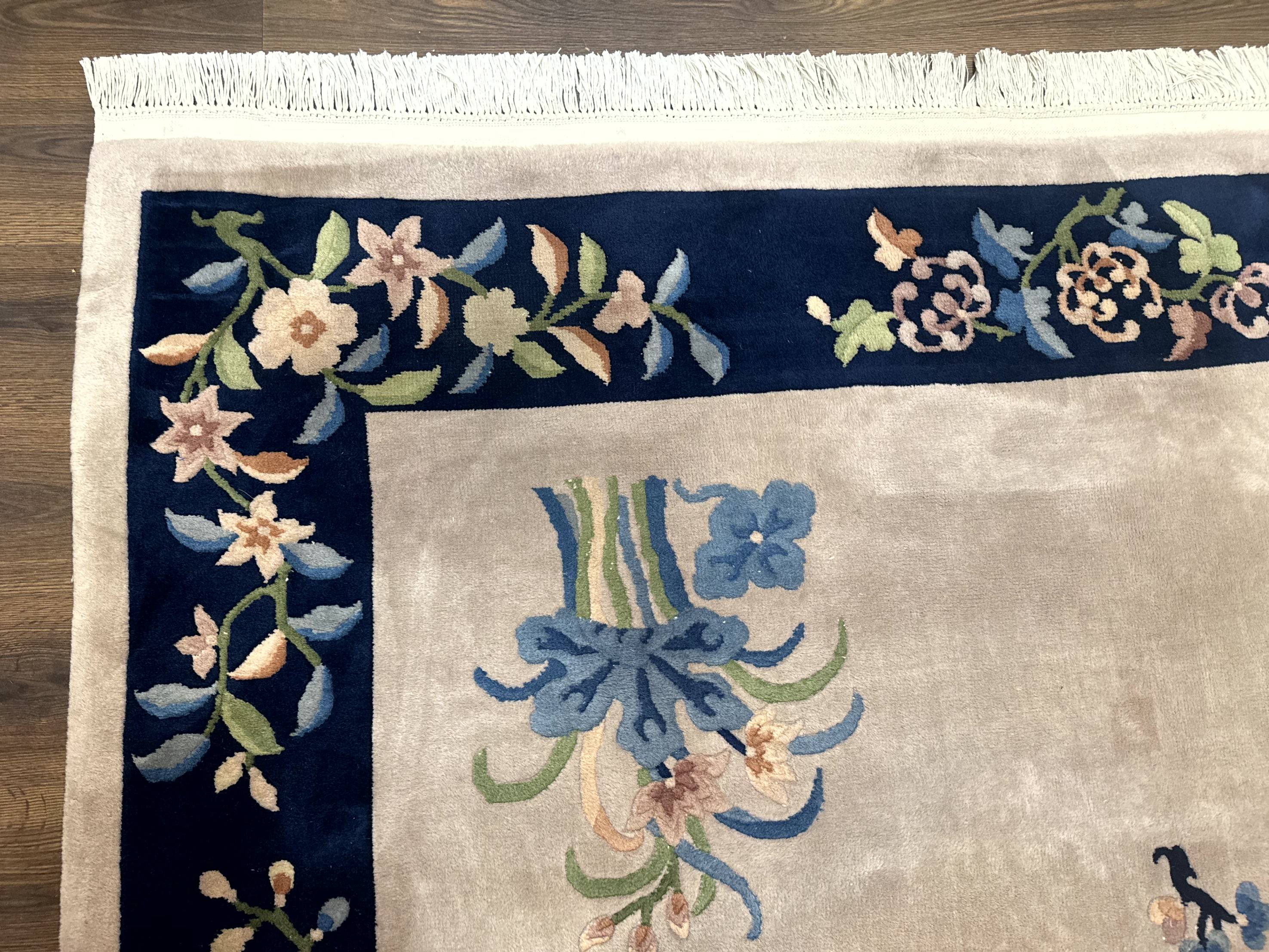 Chinese Wool Rug 8x10, Light Gray and Navy Blue, Floral, Chinese 120 Line Carpet - Jewel Rugs