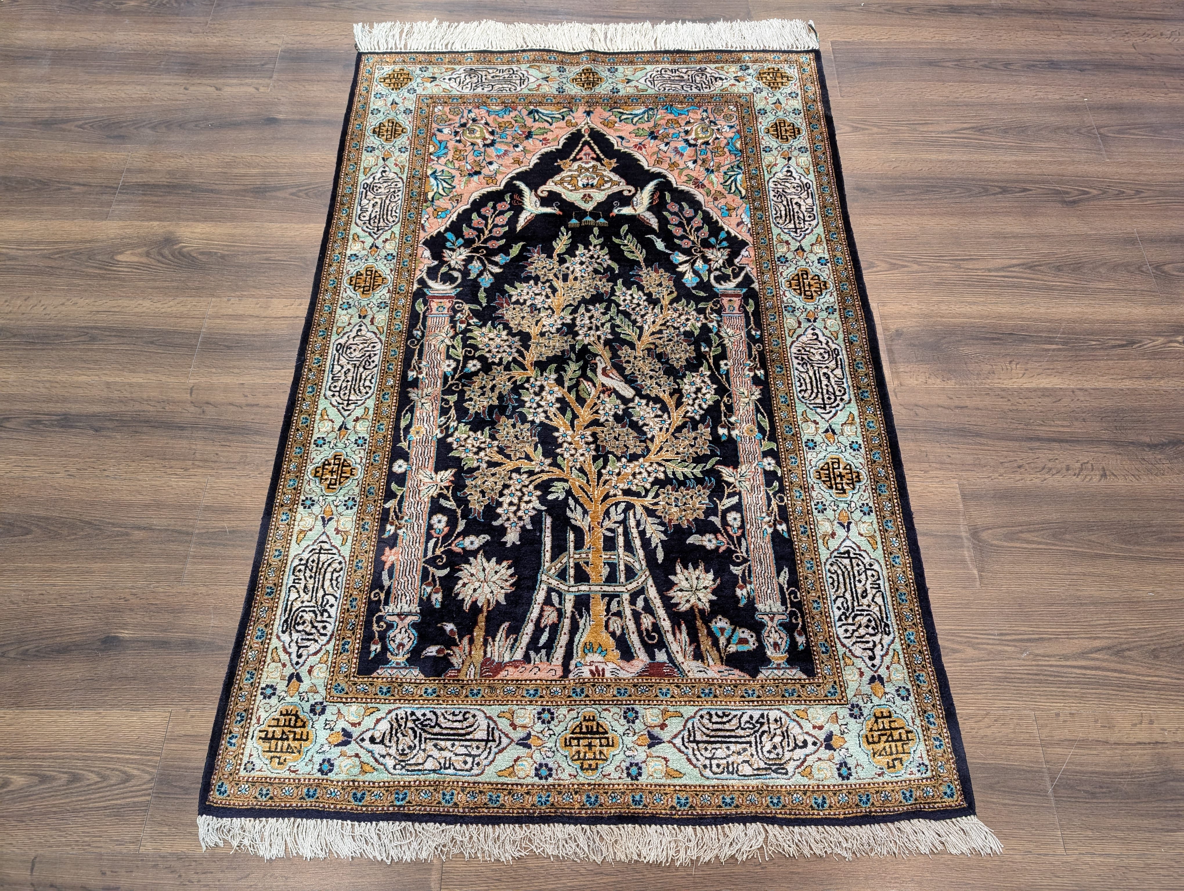 Wonderful Silk Persian Rug 4x5, Tree of Life Carpet, Qum Rug, Prayer Rug, Bird Pictorials - Jewel Rugs