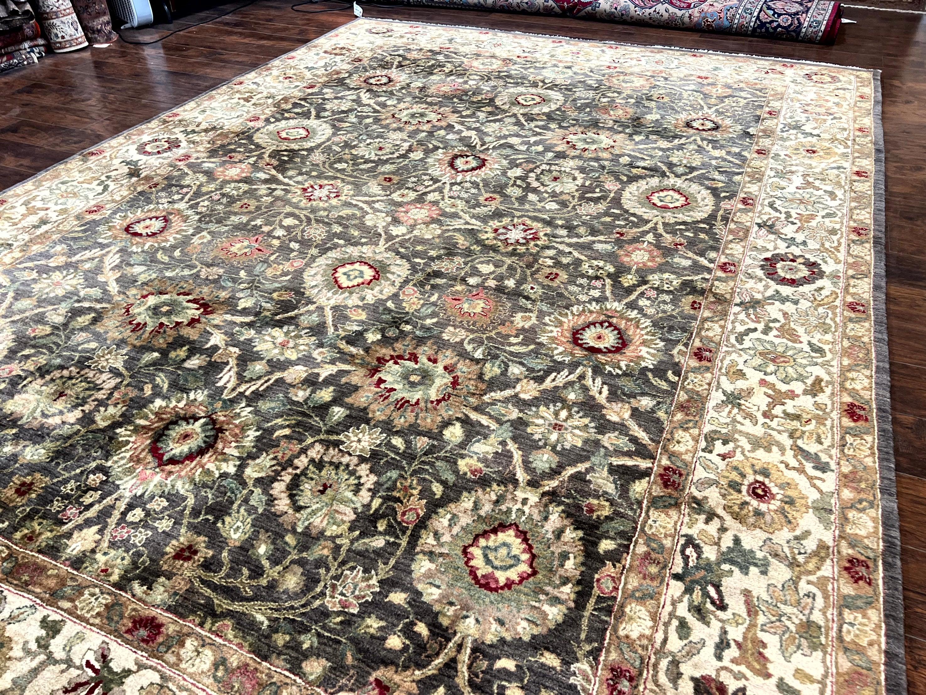 Indo Persian Rug 10x14, Indian Mahal Carpet, Large Wool Hand Knotted Carpet, Traditional Rug, Floral Allover, Dark Brown - Jewel Rugs