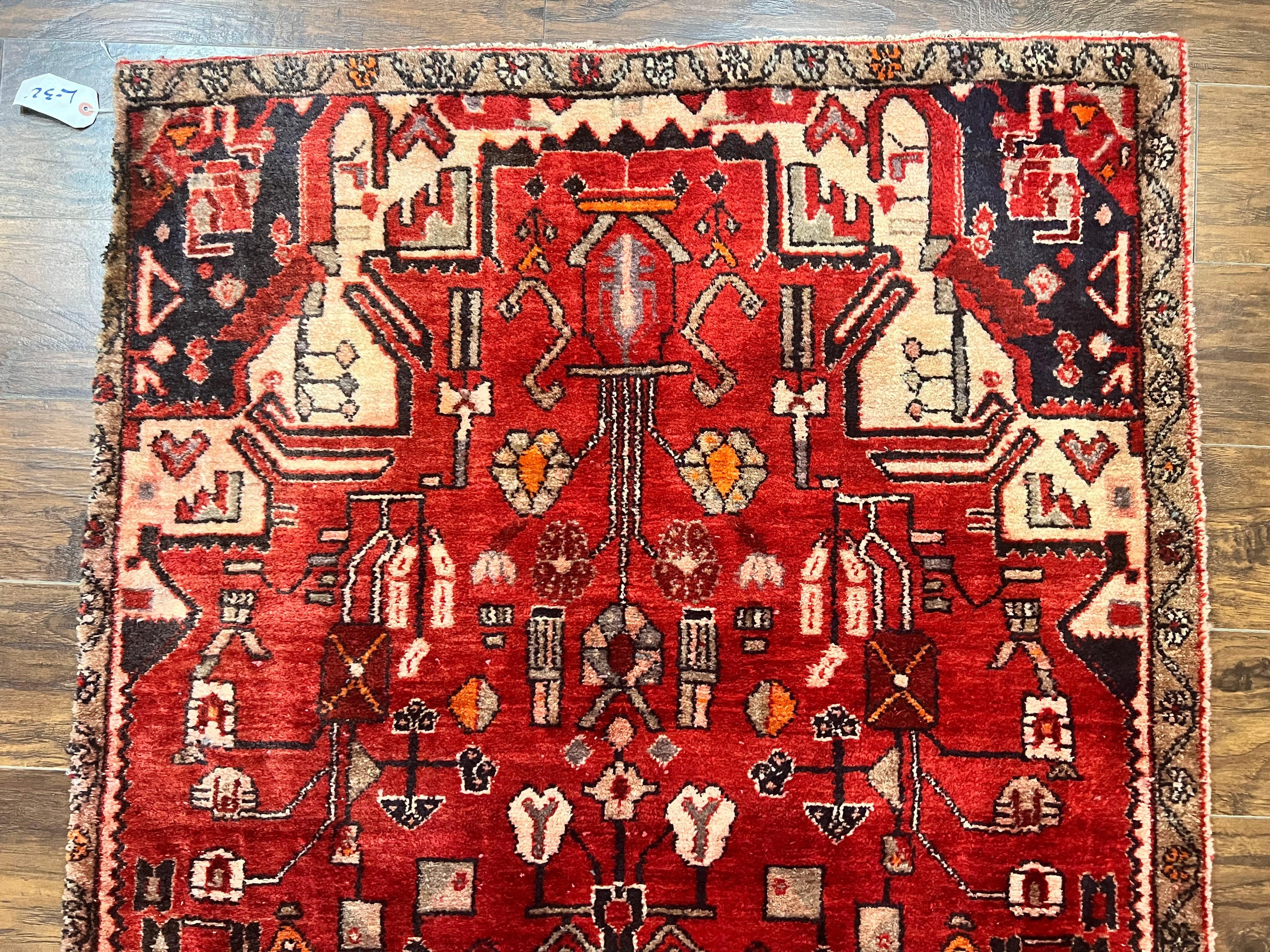 Antique Persian Tribal Rug 4 x 8, Geometric Medallion, Boho Rug, Wool Handmade Rug, Red 4x8 Rug, Persian Hamadan Rug - Jewel Rugs