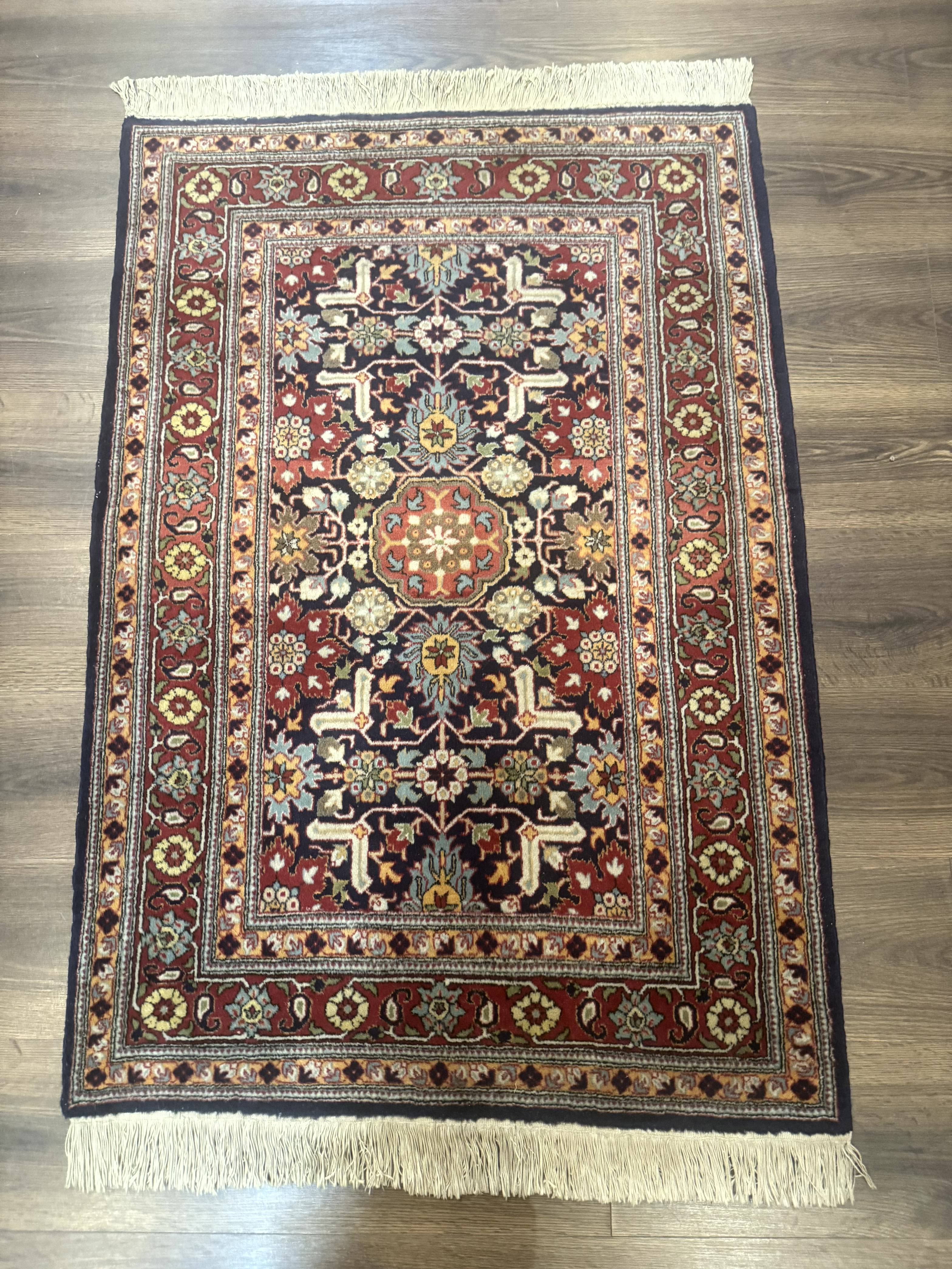 Turkish Hereke Rug 3x5, Navy Blue and Red, Fine 210 KPSI - Jewel Rugs