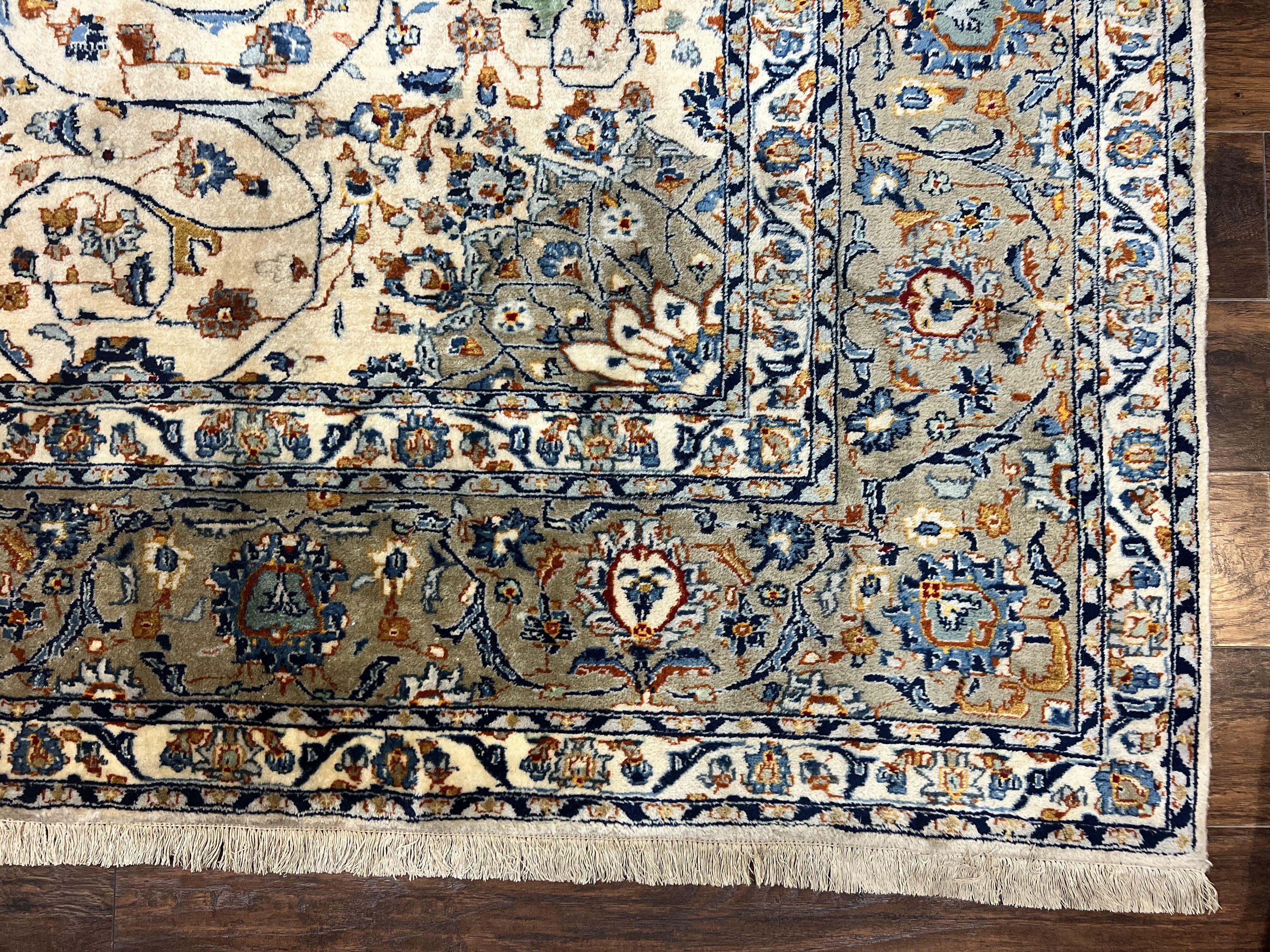 Persian Kashan Rug 10x13, Floral Medallion, Cream, Hand Knotted Antique Persian Carpet, Large Wool Rug - Jewel Rugs