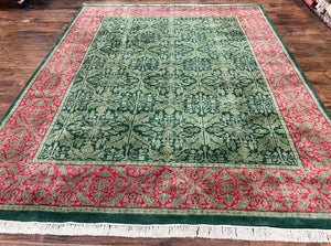 Indo Tibetan Rug 8x10, Green and Red, Handmade Hand Knotted Indian Tibetan Nepali Oriental Carpet 8 x 10 ft, Wool Area Rug, Living Room Rug