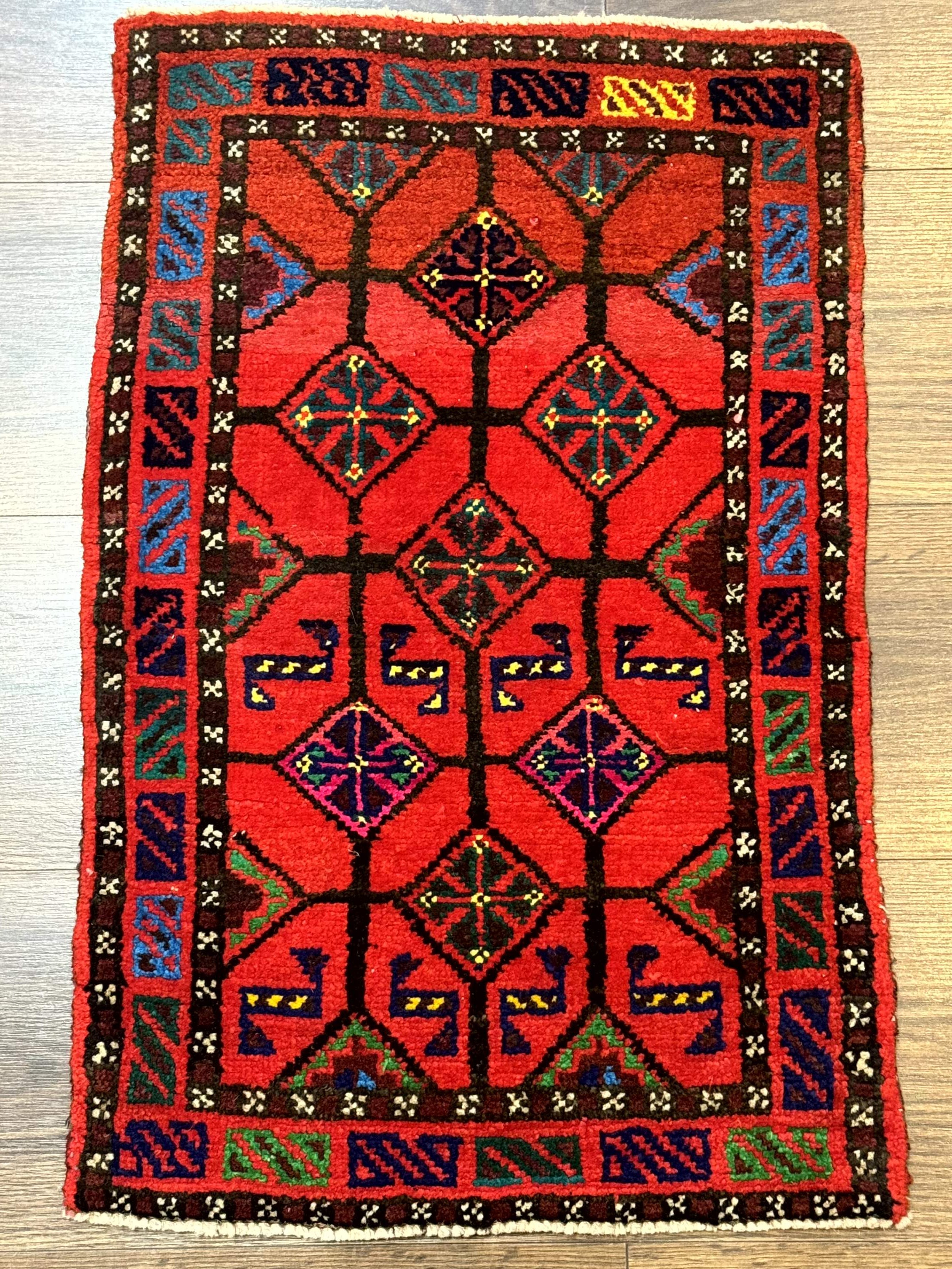 Small Red Persian Balouchi Rug 1.5 x 2, Tribal Rug, Wool - Jewel Rugs