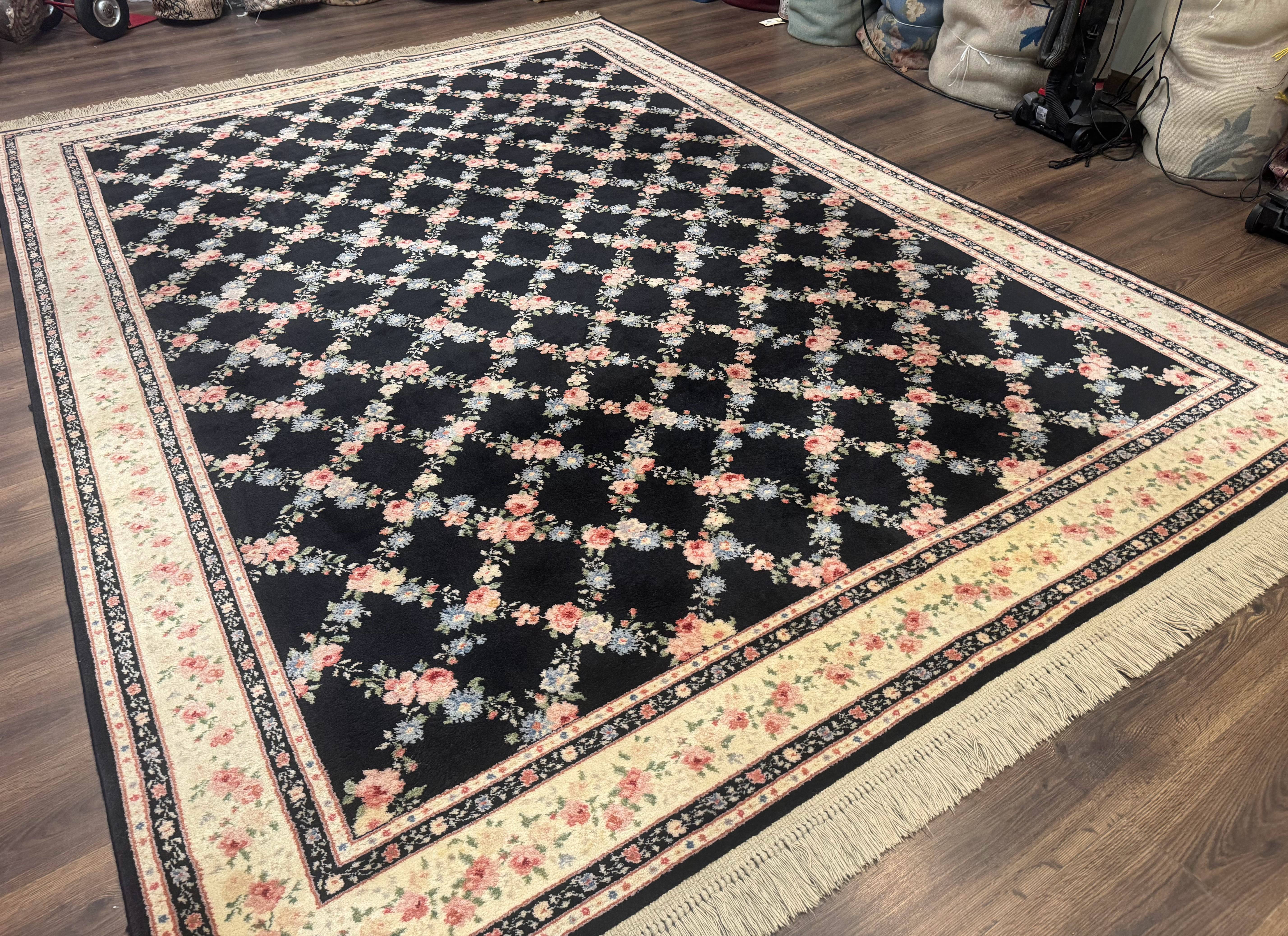 8.8 x 12 Karastan Garden of Eden Rug, Ebony Trellis #509/1270, Black, Floral, Wool Pile, Vintage, Discontinued - Jewel Rugs