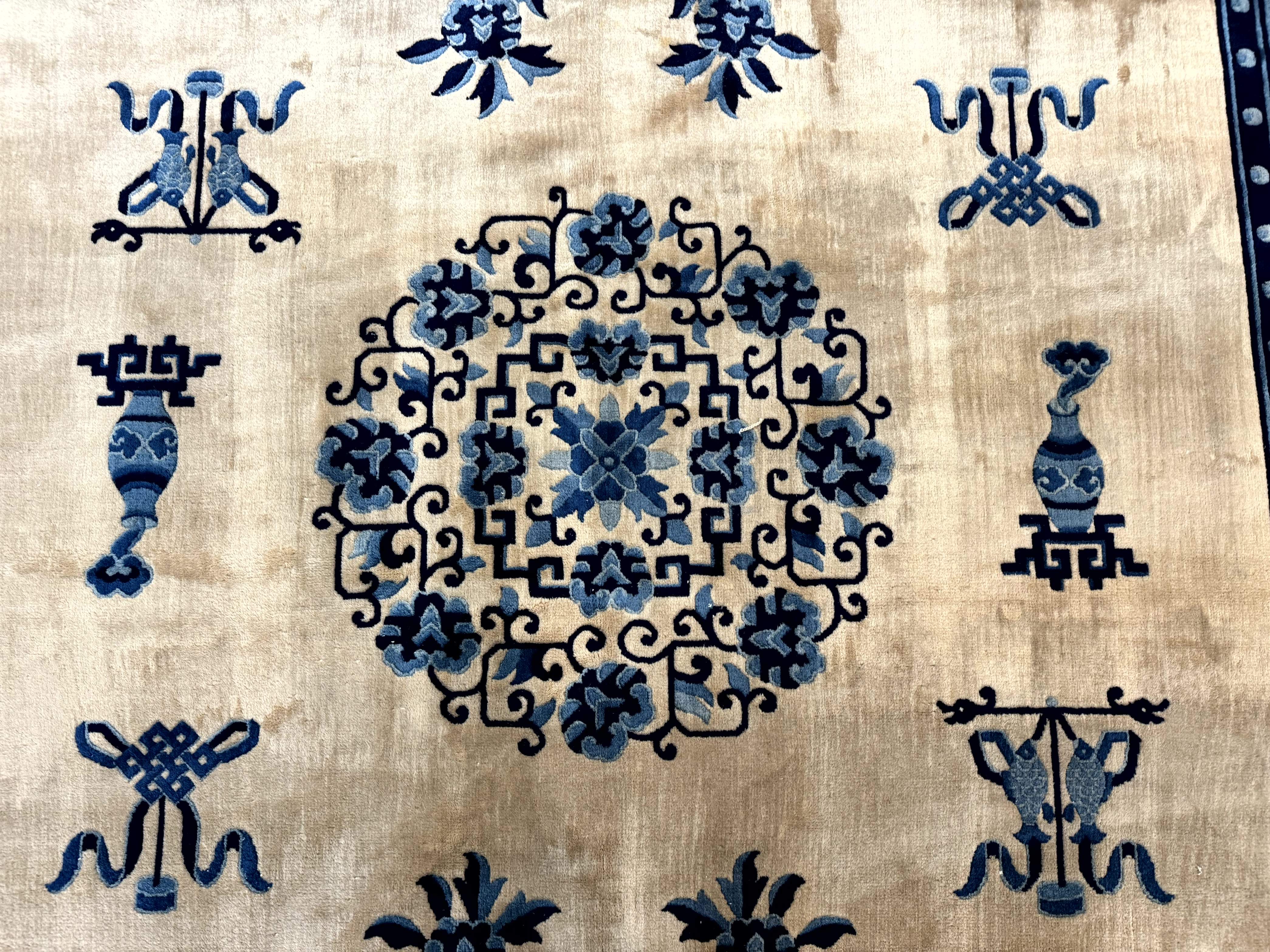 Chinese Peking Rug 8x11 – Ivory and Blue, Hand-Knotted Wool, Asian Oriental Carpet - Jewel Rugs