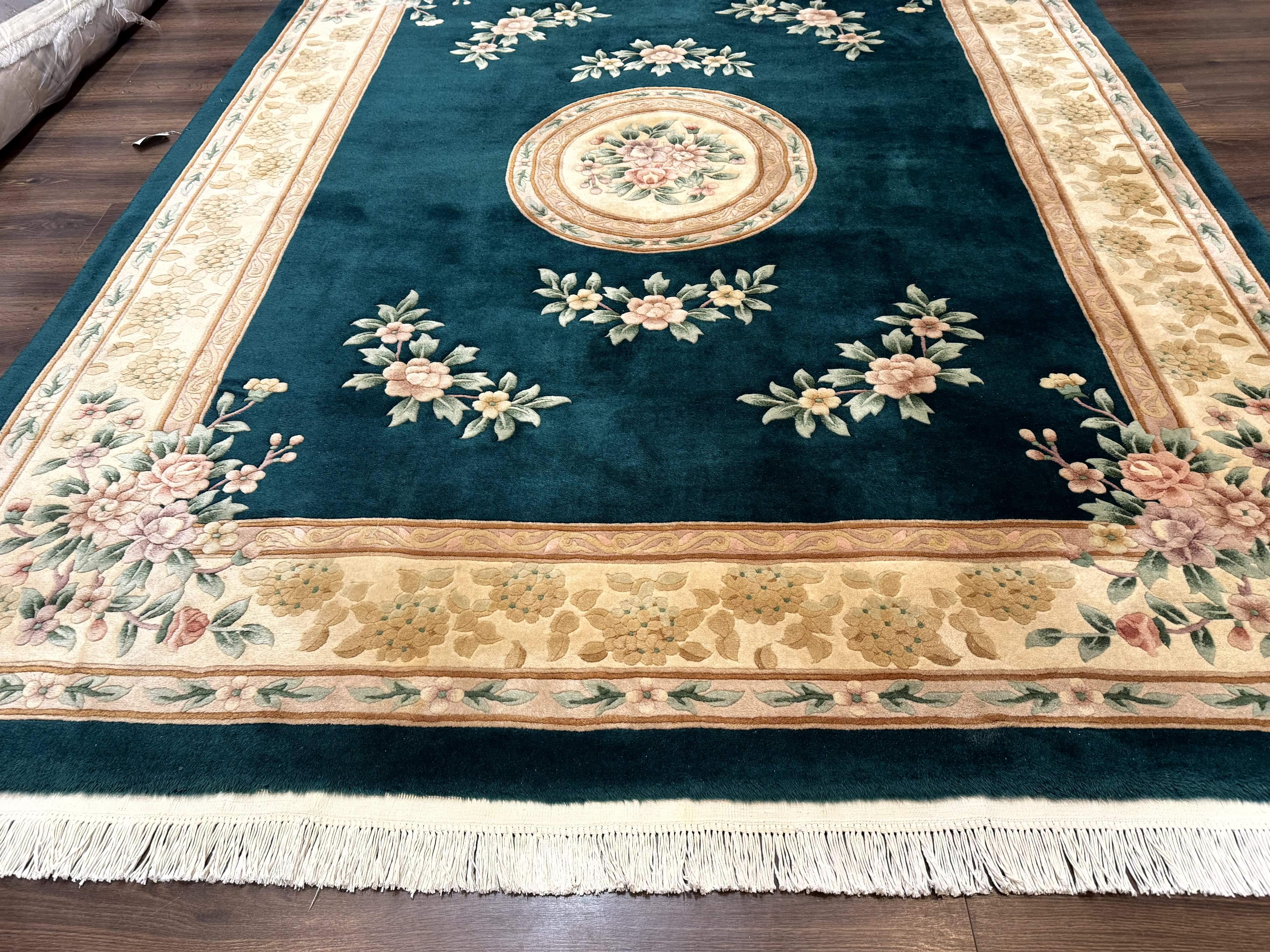 Chinese Wool Rug 8x10, Floral, Soft Thick Pile, Chinese Aubusson 90 Line Rug, Dark Teal and Beige - Jewel Rugs