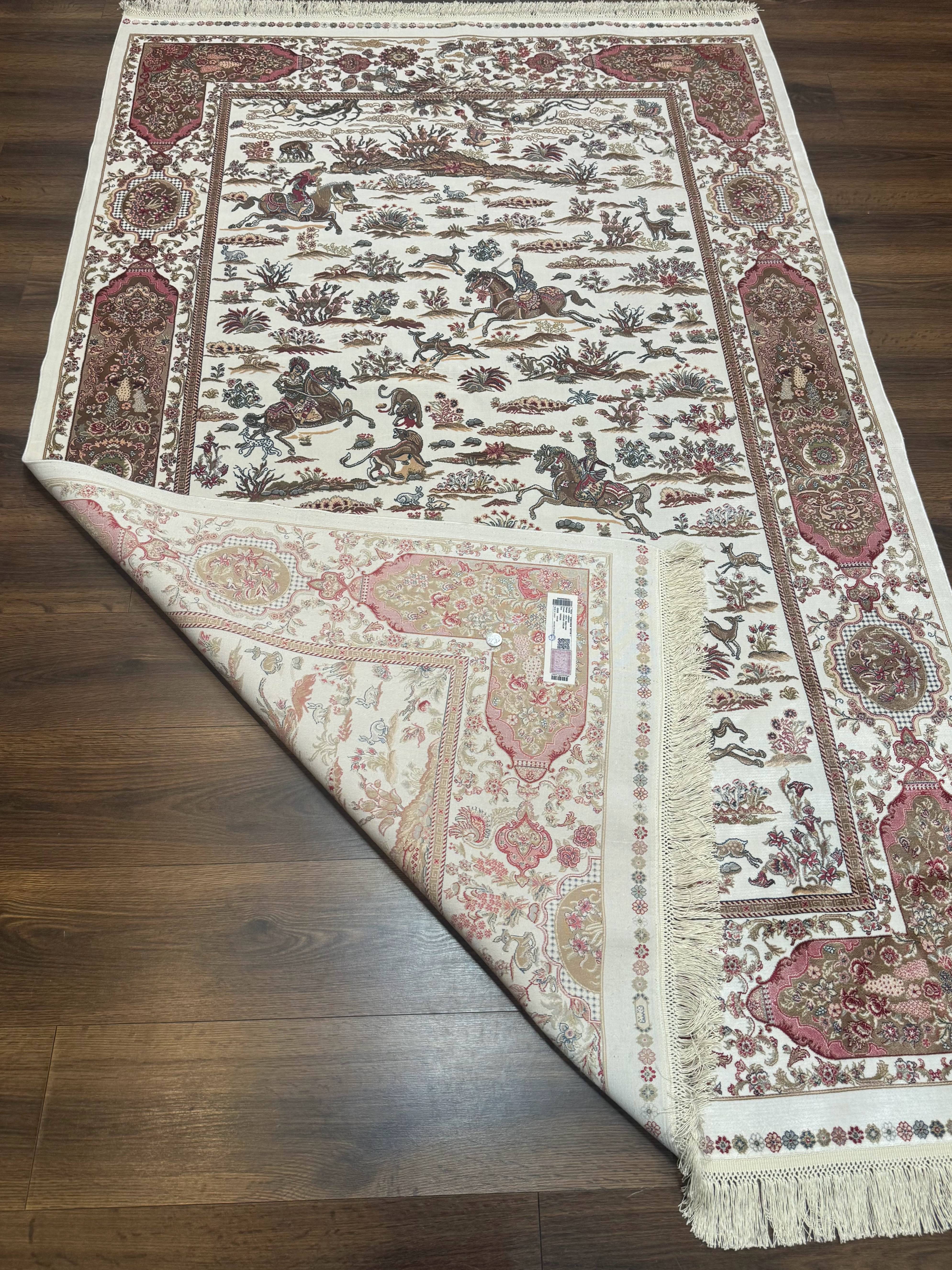 Turkish Silk Rug 5x8, Ivory, Hunting Design, Animal Pictorials, Bamboo Silk - Jewel Rugs