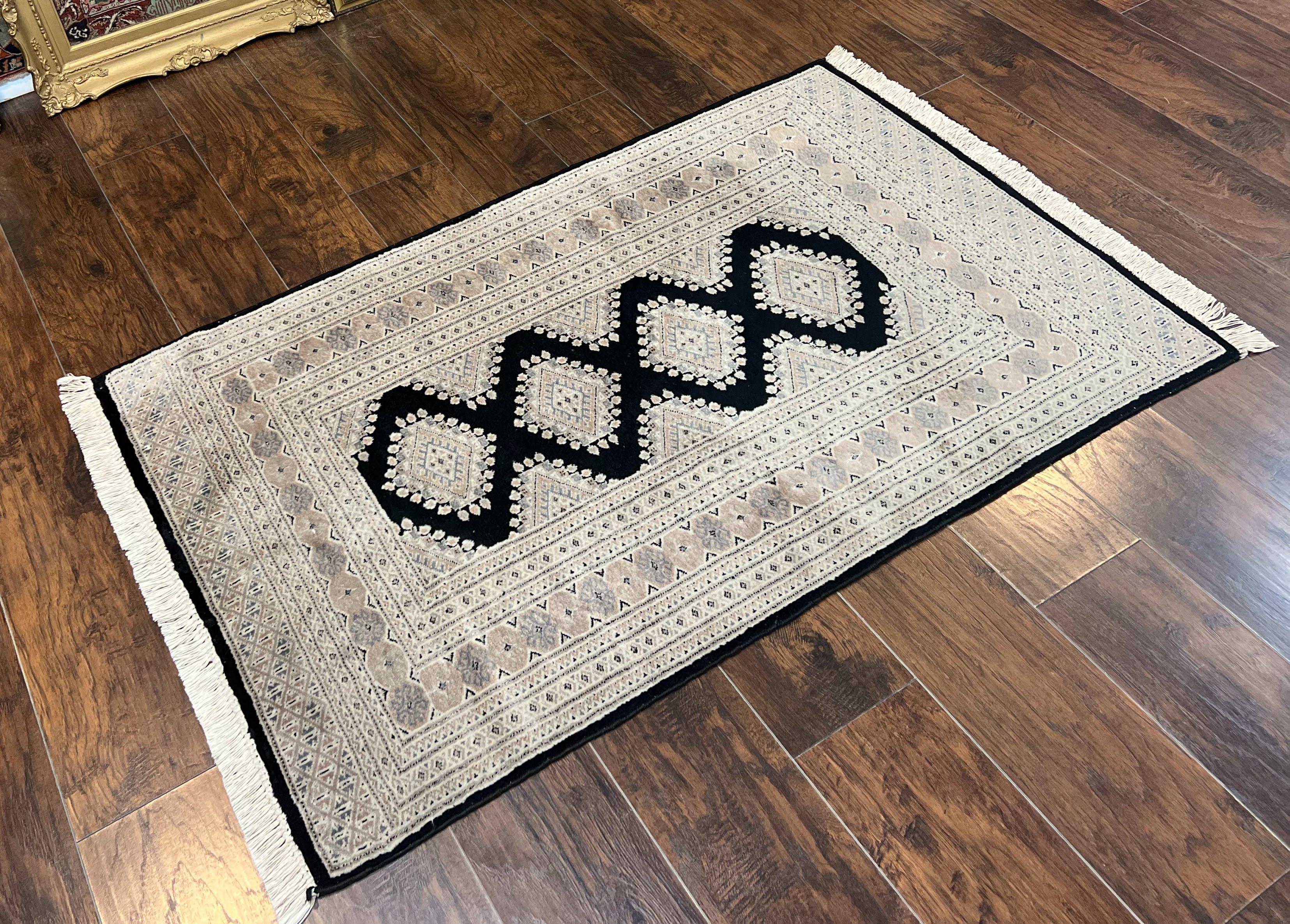 Pakistani Bokhara Rug 3x5, Vintage Turkoman Carpet, Black Gray, Handmade Wool Rug, Tribal - Jewel Rugs