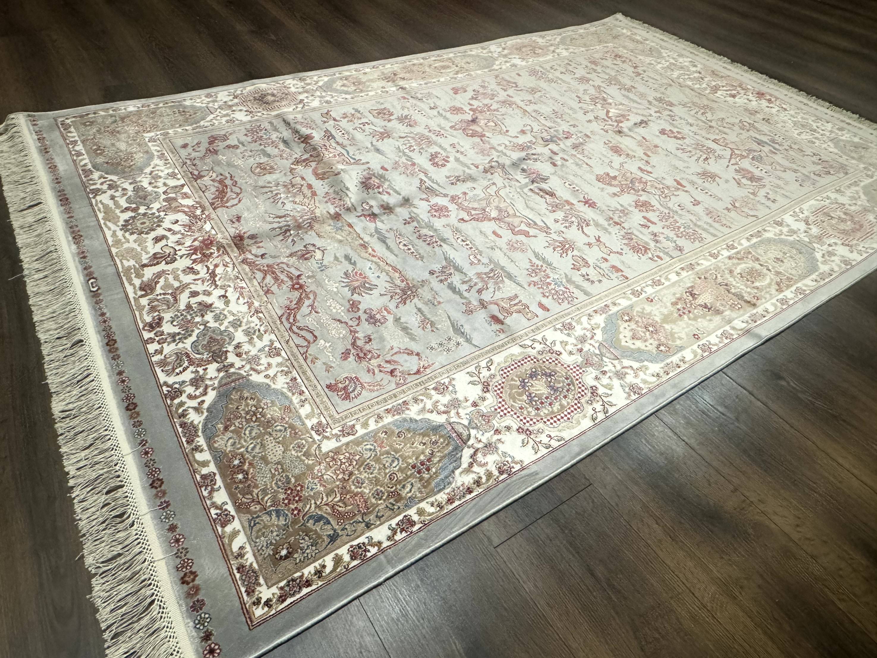 Turkish Silk Rug 5x7, Hunting Design, Animal Pictorials, Bamboo Silk - Jewel Rugs