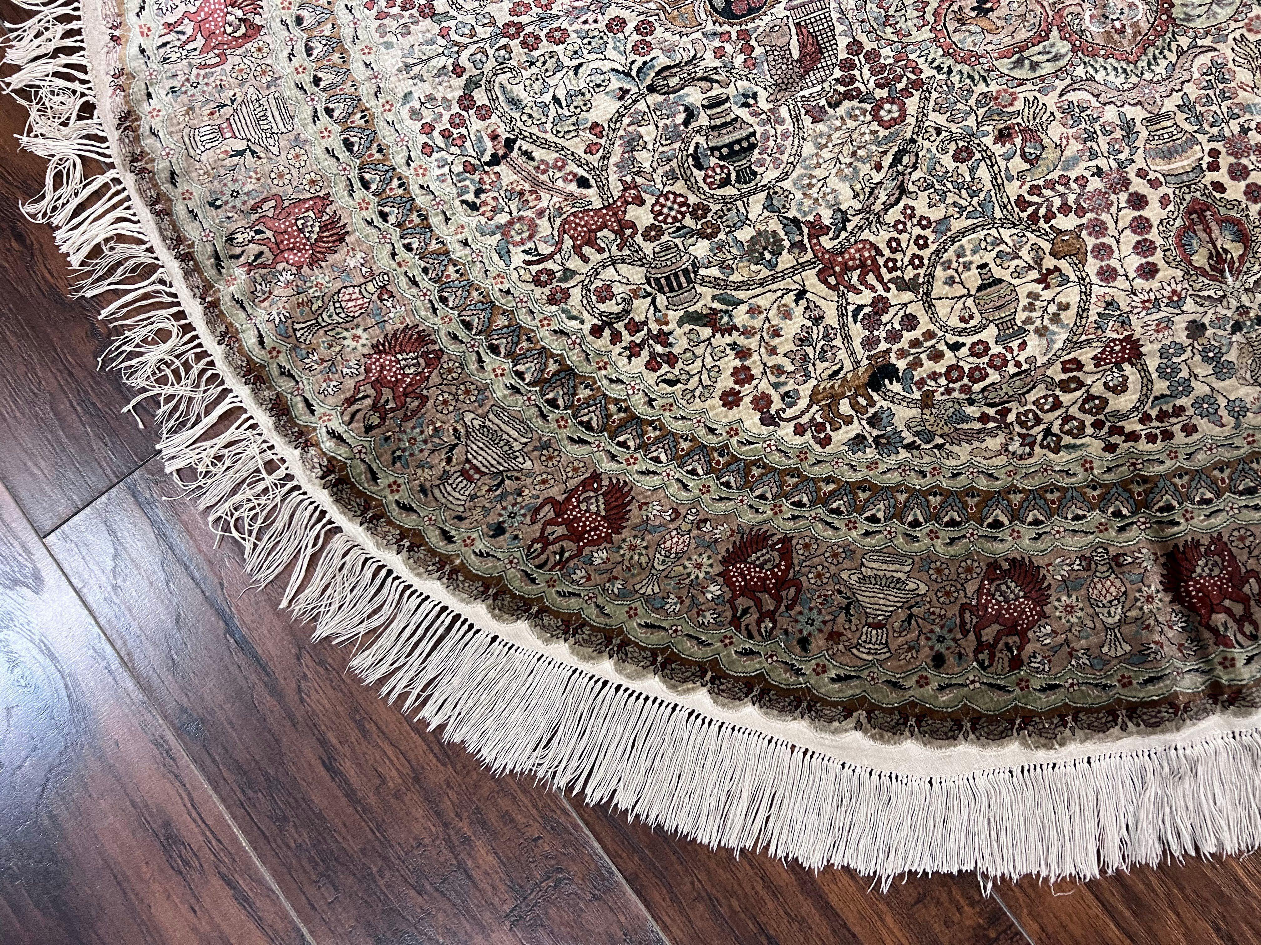 Silk Round Sino Persian Rug 5x5, Super Fine 650 KPSI, All Silk Vintage Handmade Round Carpet, Animal Pictorials, Floral Medallion Cream, Wow - Jewel Rugs