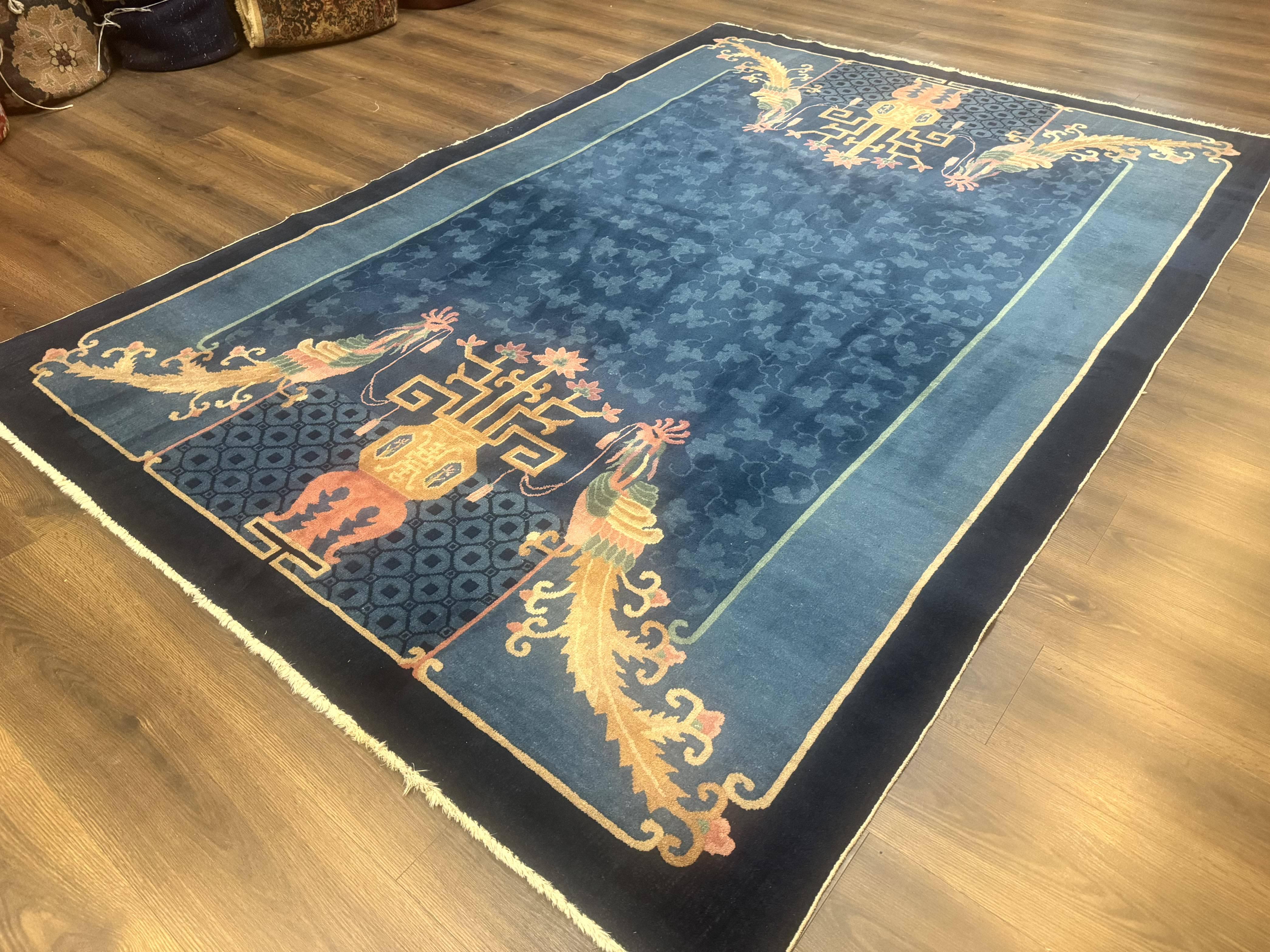 Blue Chinese Wool Rug 6x9, Chinese Peking Rug, Peacocks and Vases, Vintage Carpet - Jewel Rugs