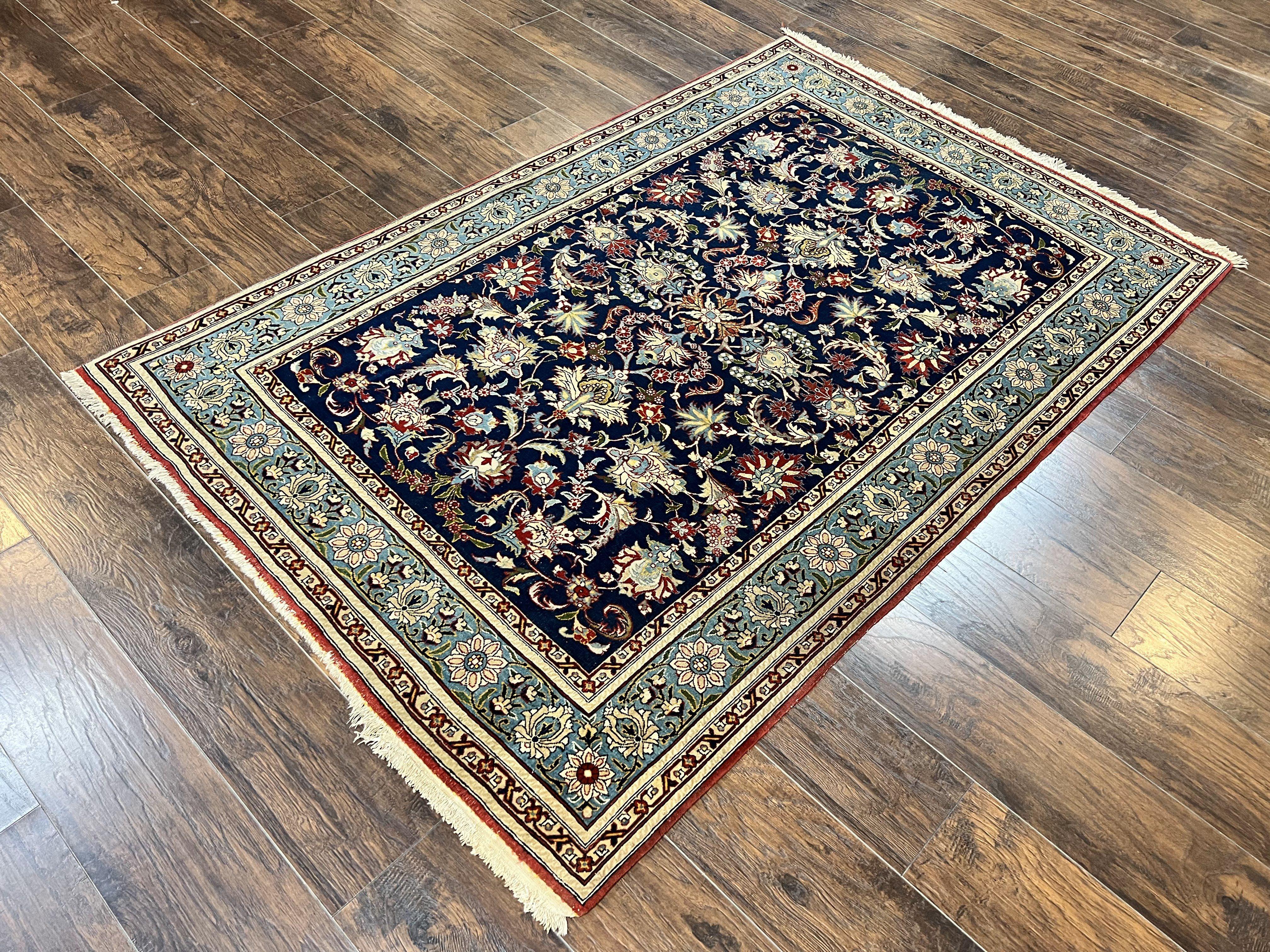 Blue Persian Qum Rug 5x7, Very Fine and Wonderful Authentic Persian Carpet, Wool Hand Knotted Vintage Semi Antique Oriental Rug, Floral, Ghom Qom Rug - Jewel Rugs