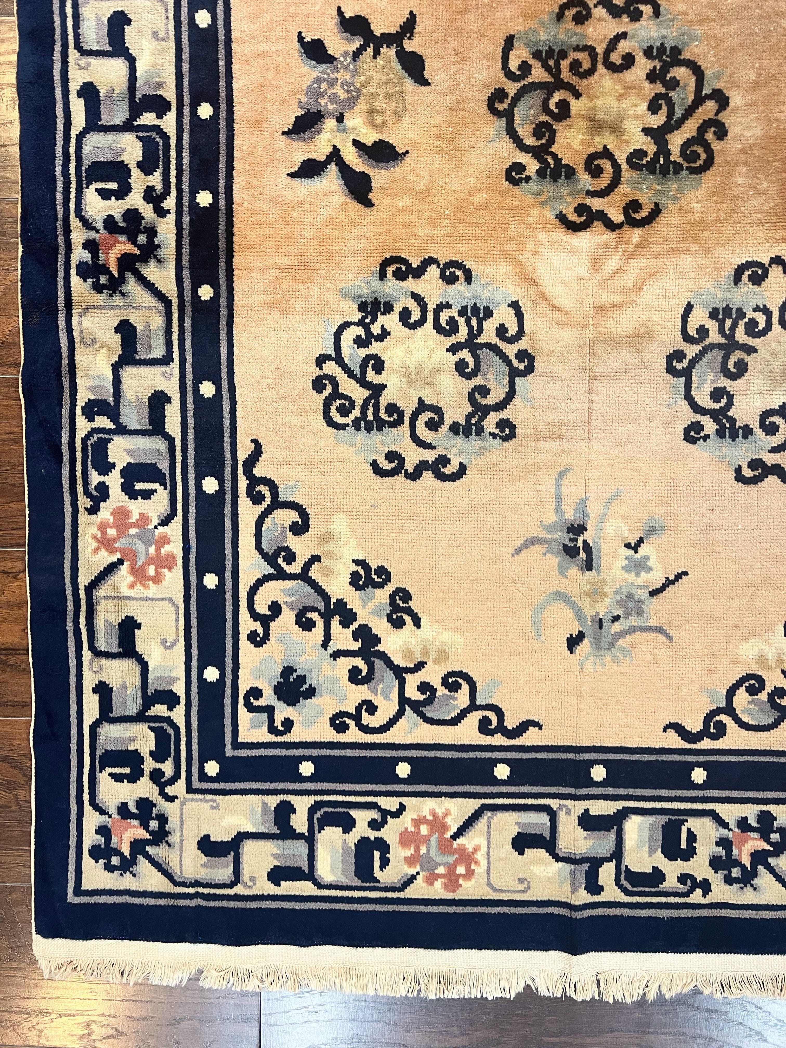 Chinese Peking Rug 4x6, Wool Hand Knotted Handmade Vintage Semi Antique Carpet, Semi Open Field, Light Peach & Navy Blue, Art Deco Rug - Jewel Rugs