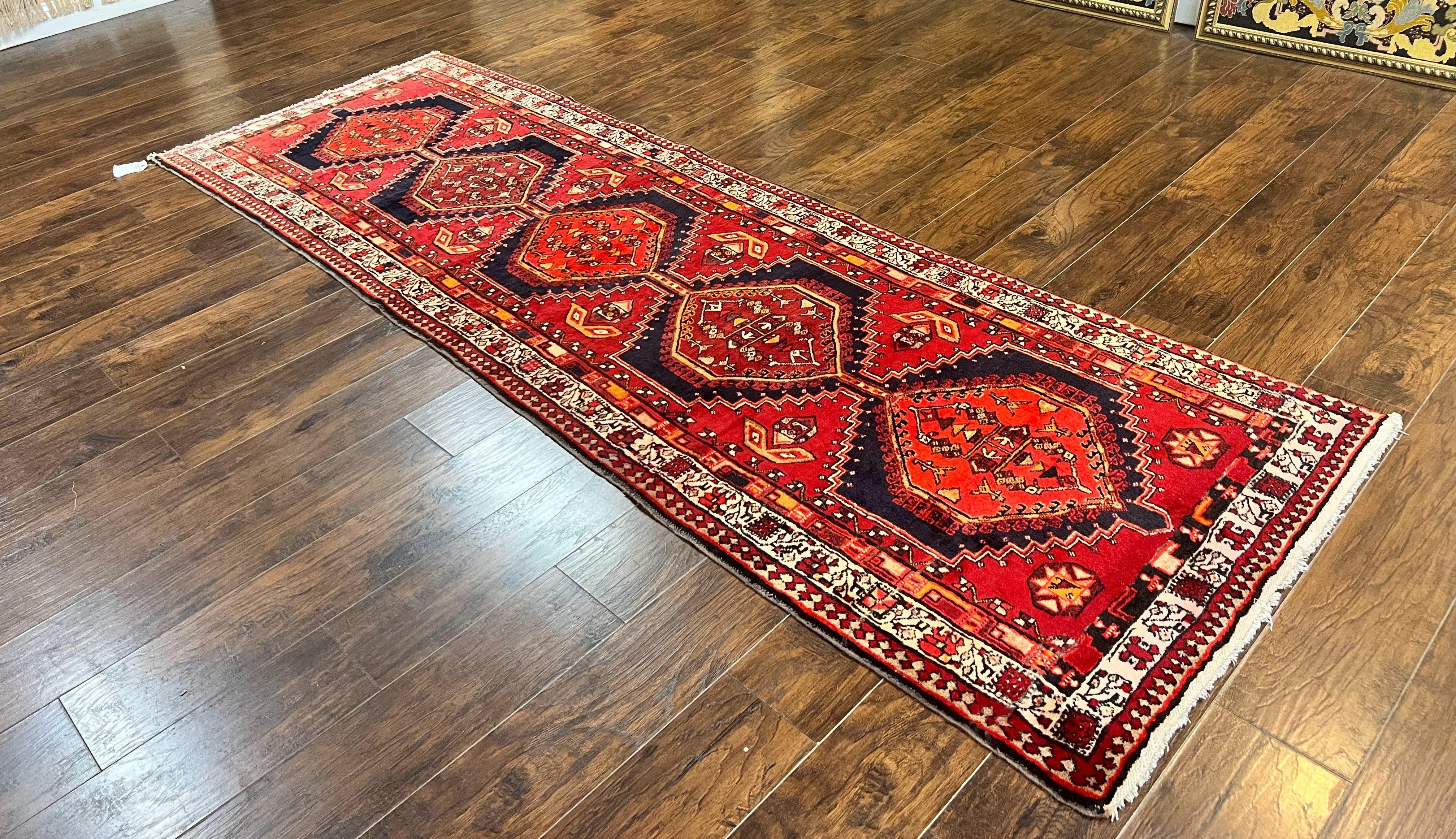 Persian Heriz Runner Rug 3.7 x 11, Persian Tribal Runner, Handmade Wool, Medallions, Geometric, Red, Antique Vintage Hand Knotted Rug - Jewel Rugs