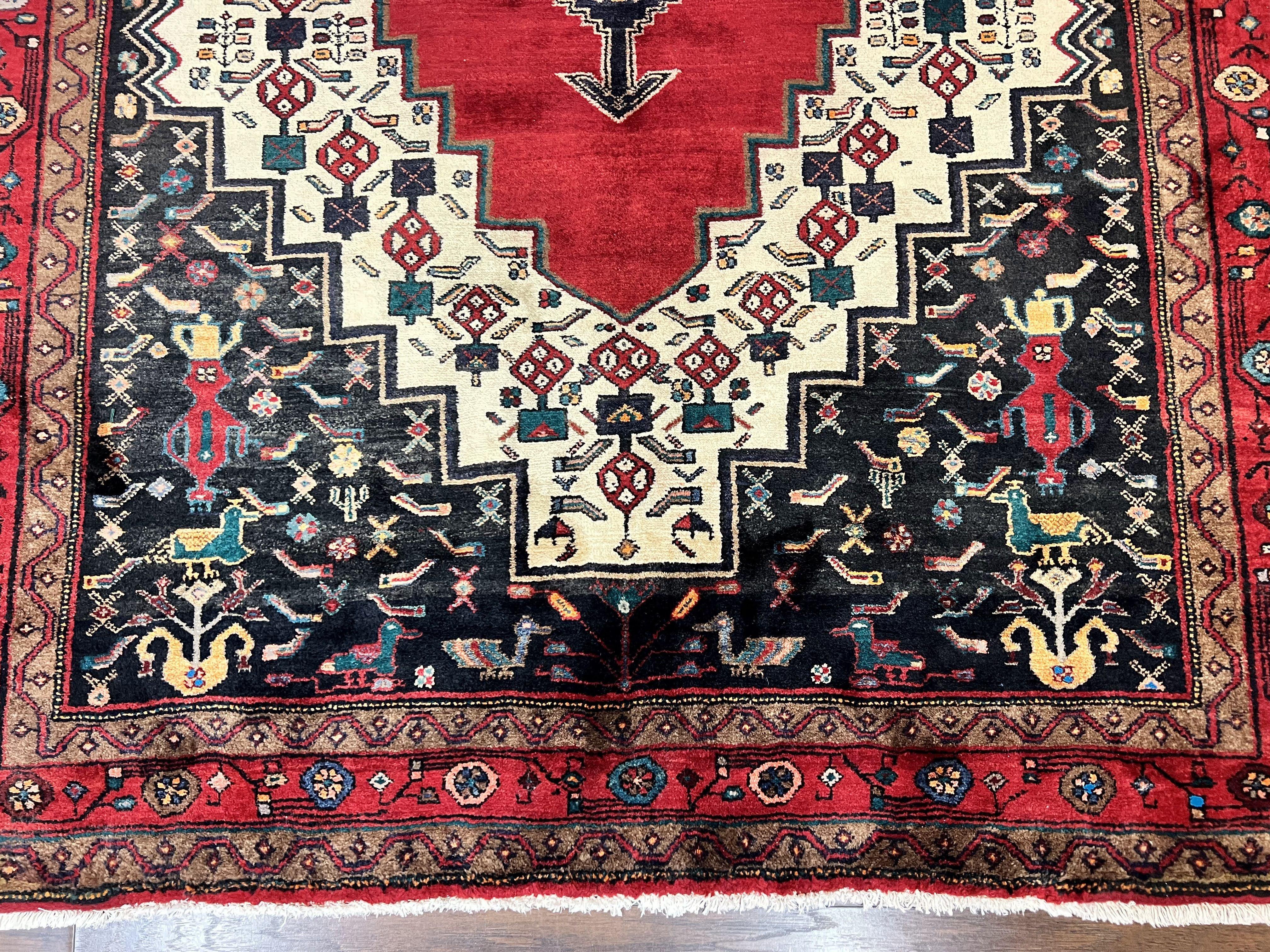 Persian Rug 5x12 ft, Red Cream Navy Blue, Pictorials, Hand Knotted Handmade Wide Runner Tribal Bidjar Semi Antique Wool Geometric Oriental Rug - Jewel Rugs