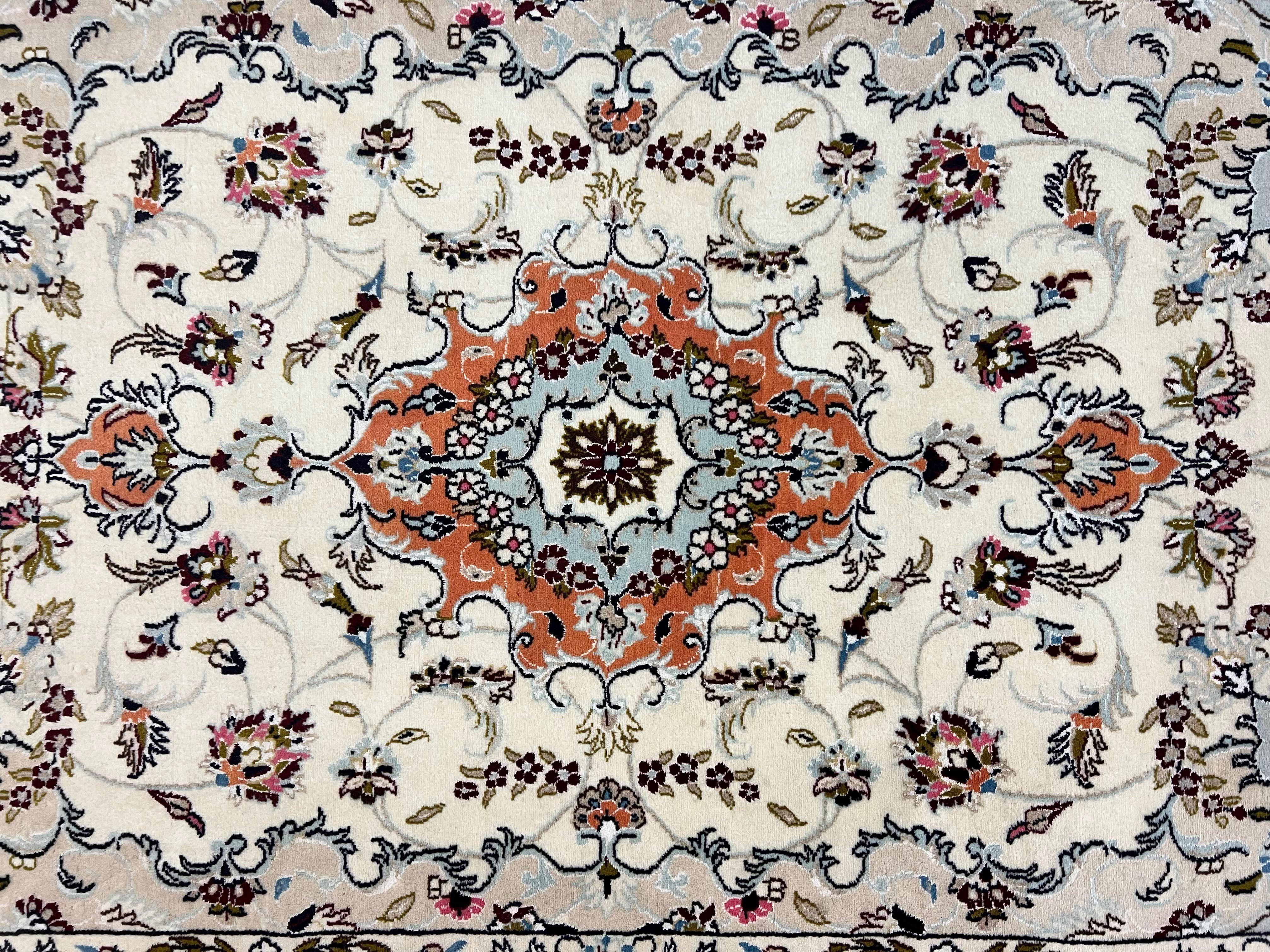 Persian Tabriz Rug 4.5 x 6.8, Finely Hand Knotted Wool with Silk Highlights Vintage Oriental Carpet, Cream and Salmon, High KPSI, Floral Medallion - Jewel Rugs