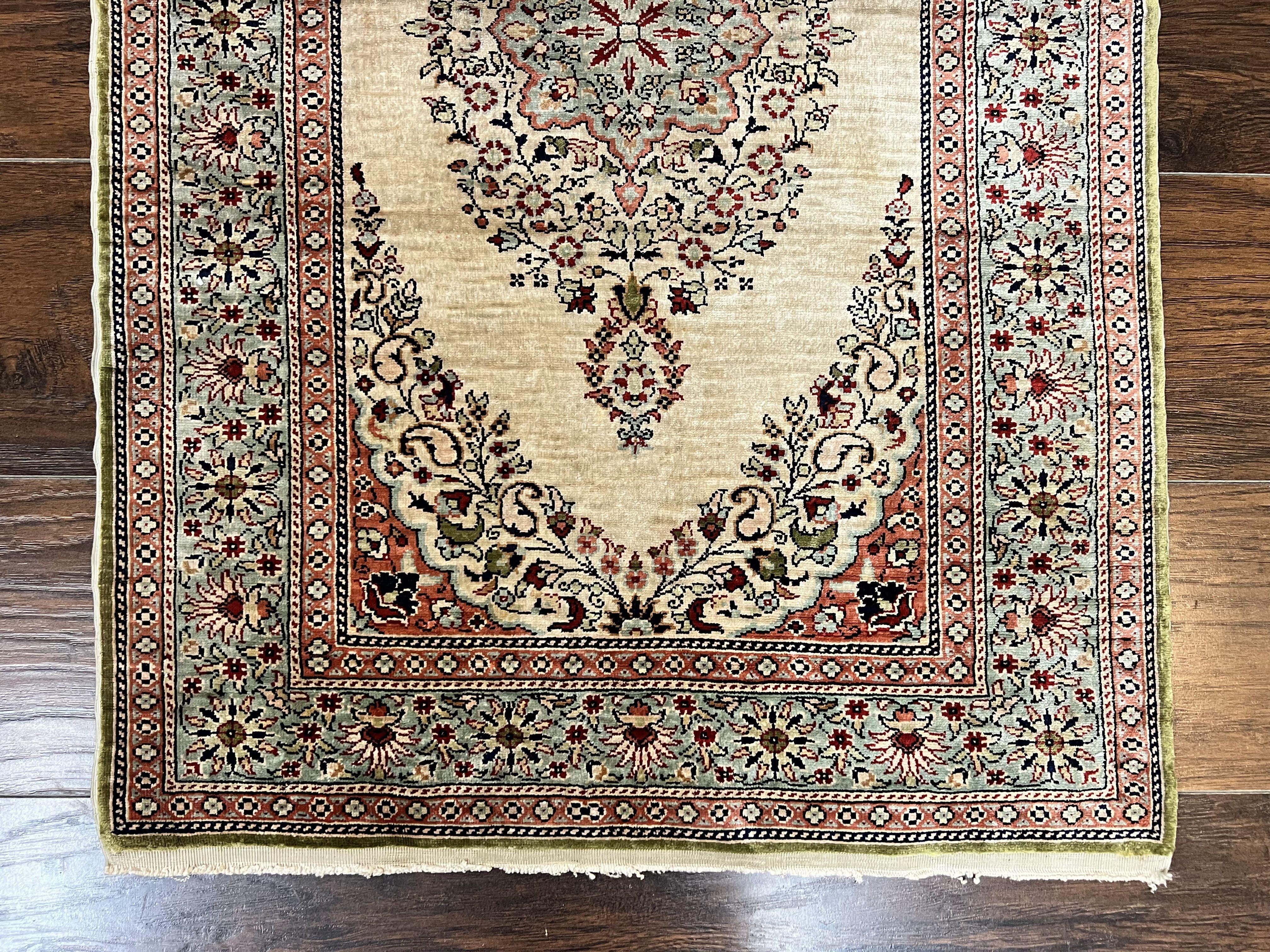 Silk Turkish Kayseri Rug 2x3, Very Finely Hand Knotted, Semi Open Field, Vintage, Silk Pile on Silk Foundation, 300 KPSI - Jewel Rugs