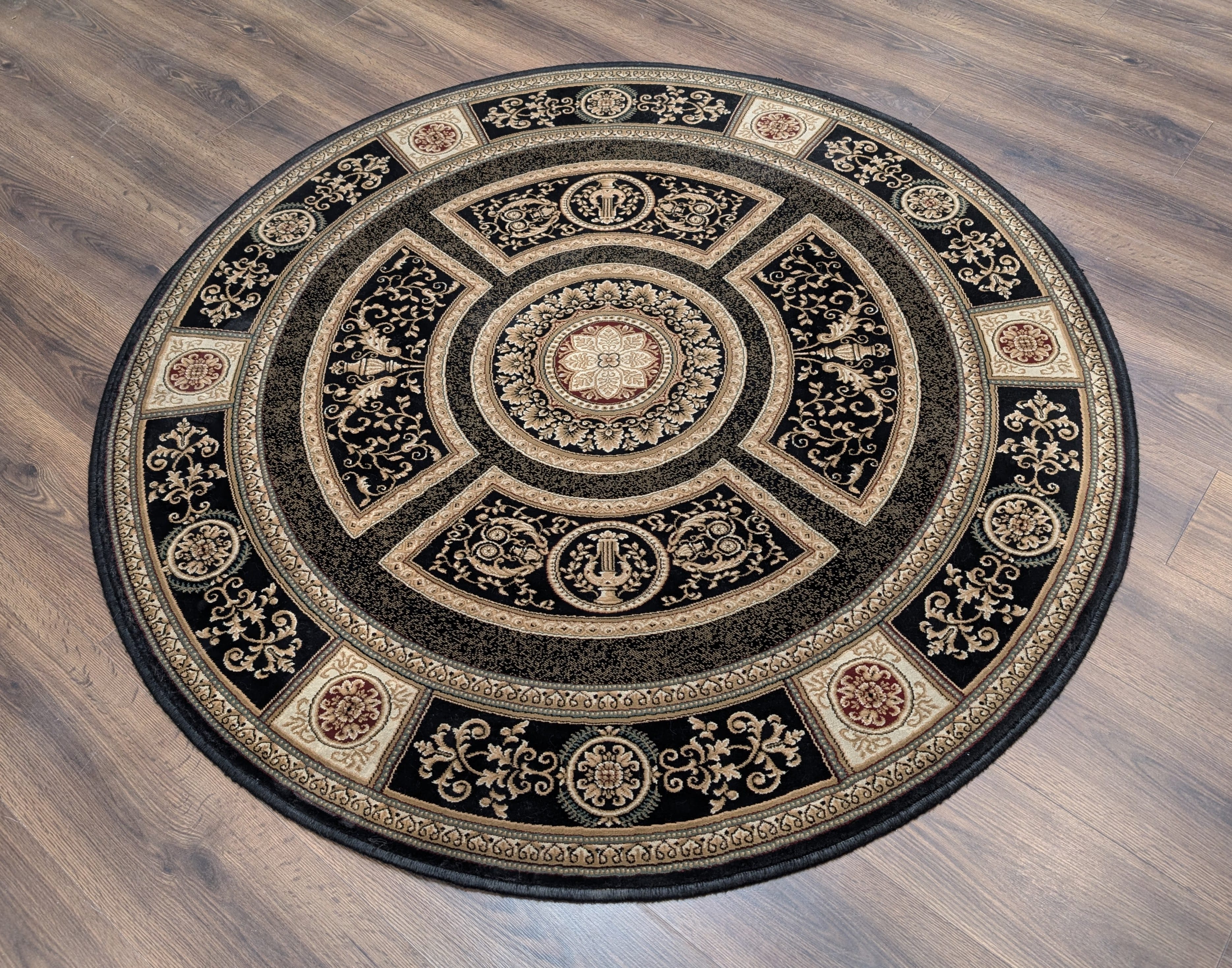 Round Aubusson Rug 5x5 ft, Black, Savonnerie, French Design - Jewel Rugs