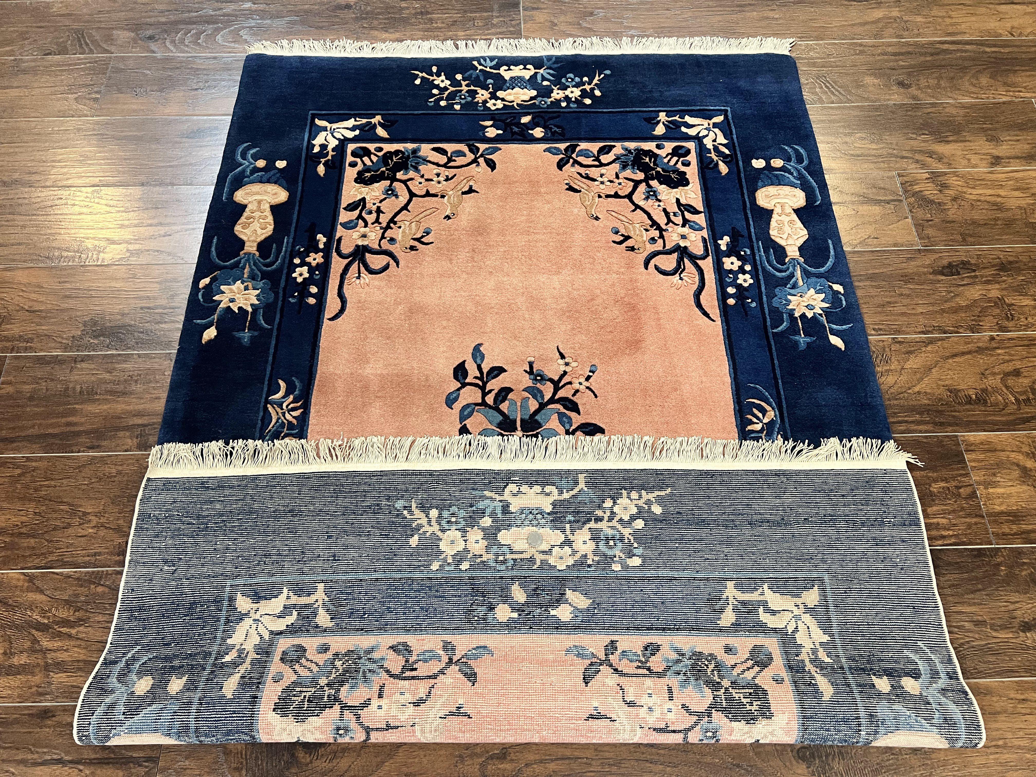 Antique Chinese Peking Rug 4x6, Vases & Bird Motifs, Navy Blue, Handmade Wool Asian Oriental Art Deco Carpet - Jewel Rugs