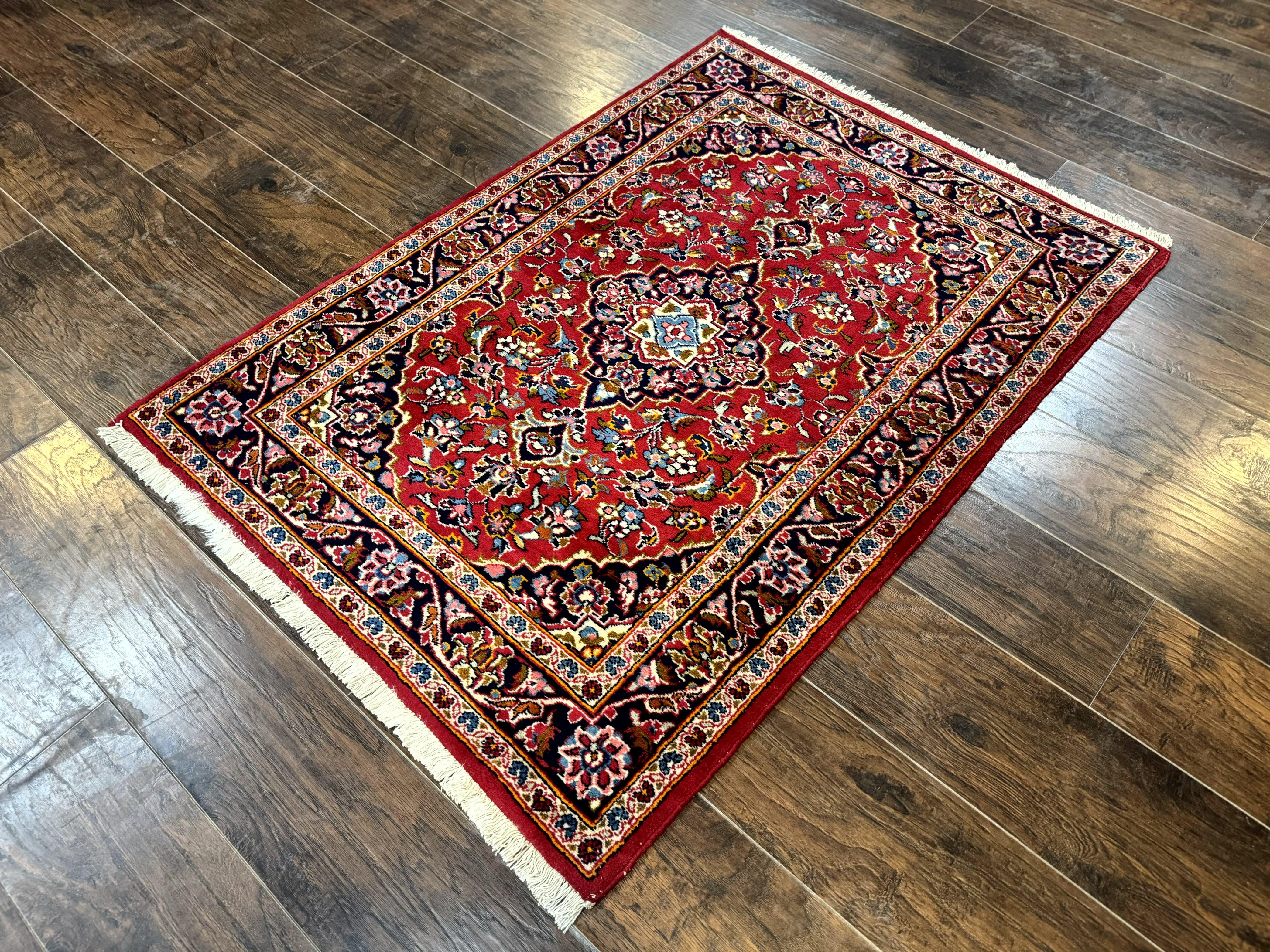Small Red Persian Kashan Rug 3x5, Floral Medallion, Semi Antique, 150 KPSI, Wool, Handmade - Jewel Rugs