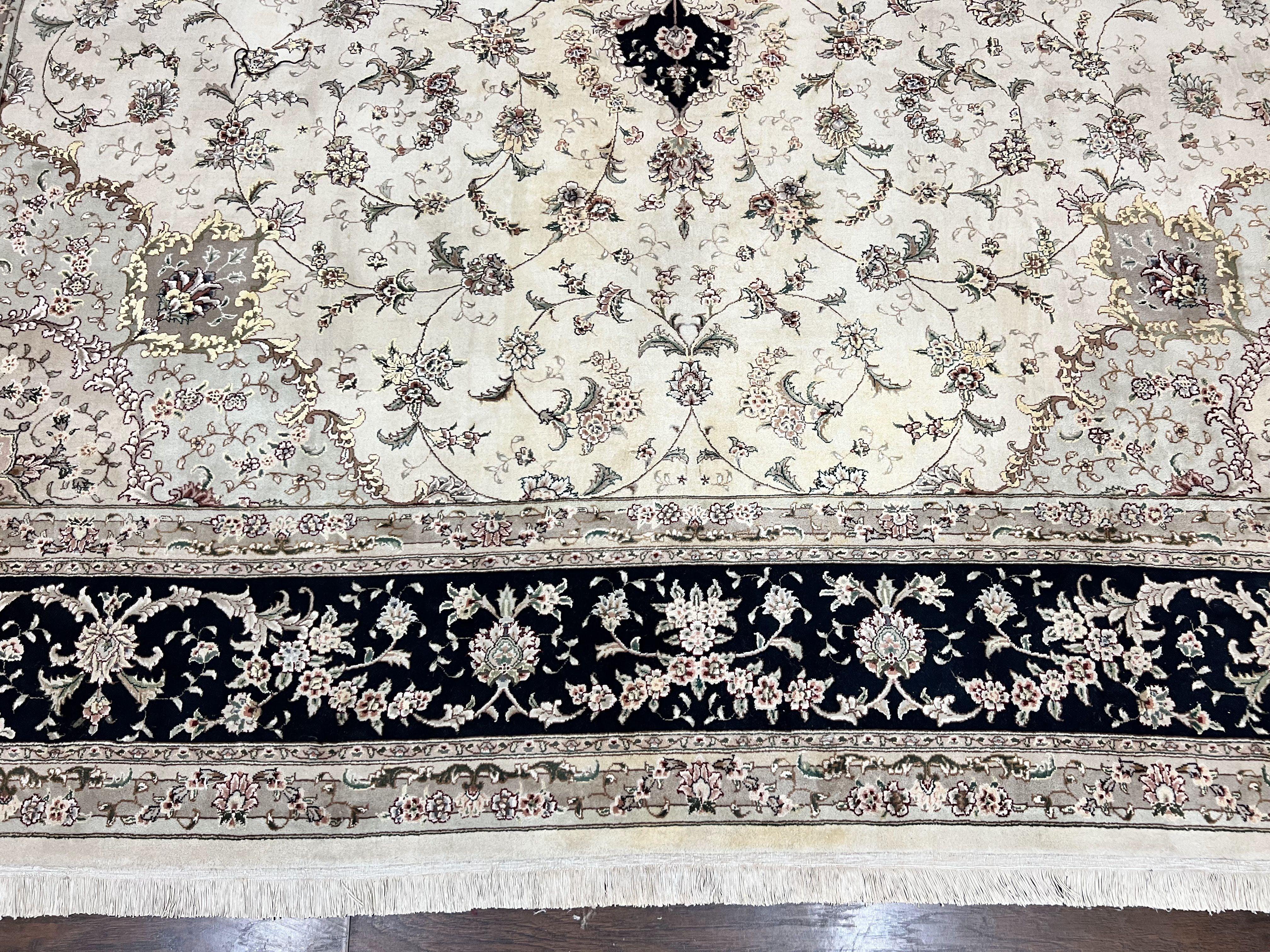 Sino Persian Rug 12x15, Ivory and Black, Floral Medallion Carpet, Large Palace Size Oriental Rug, Wool and Silk Highlights, Vintage Rug - Jewel Rugs