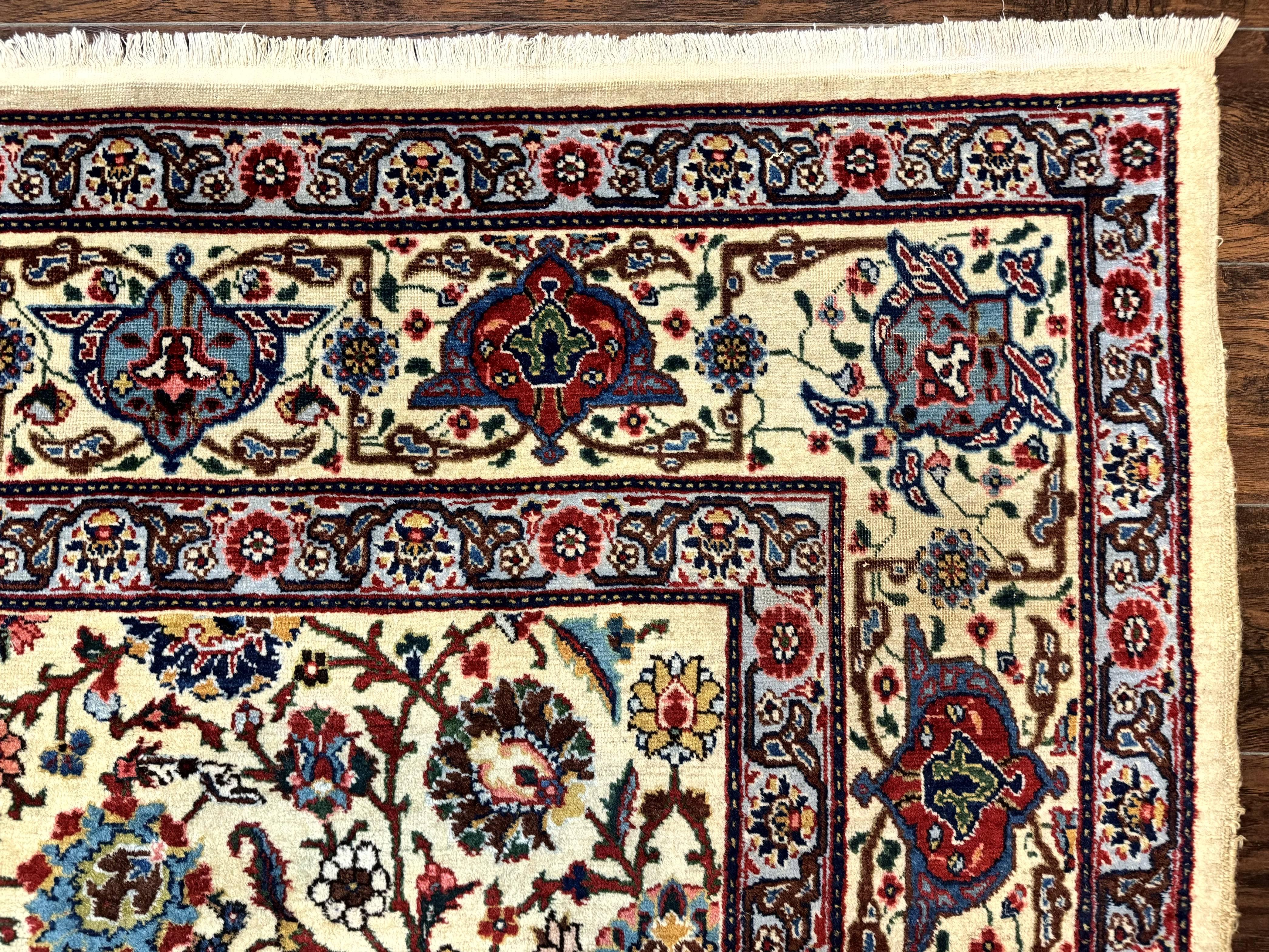 Antique Persian Tabriz Rug 8x10, Cream and Light Blue, Floral Allover, Signed, Handmade Wool Rug - Jewel Rugs