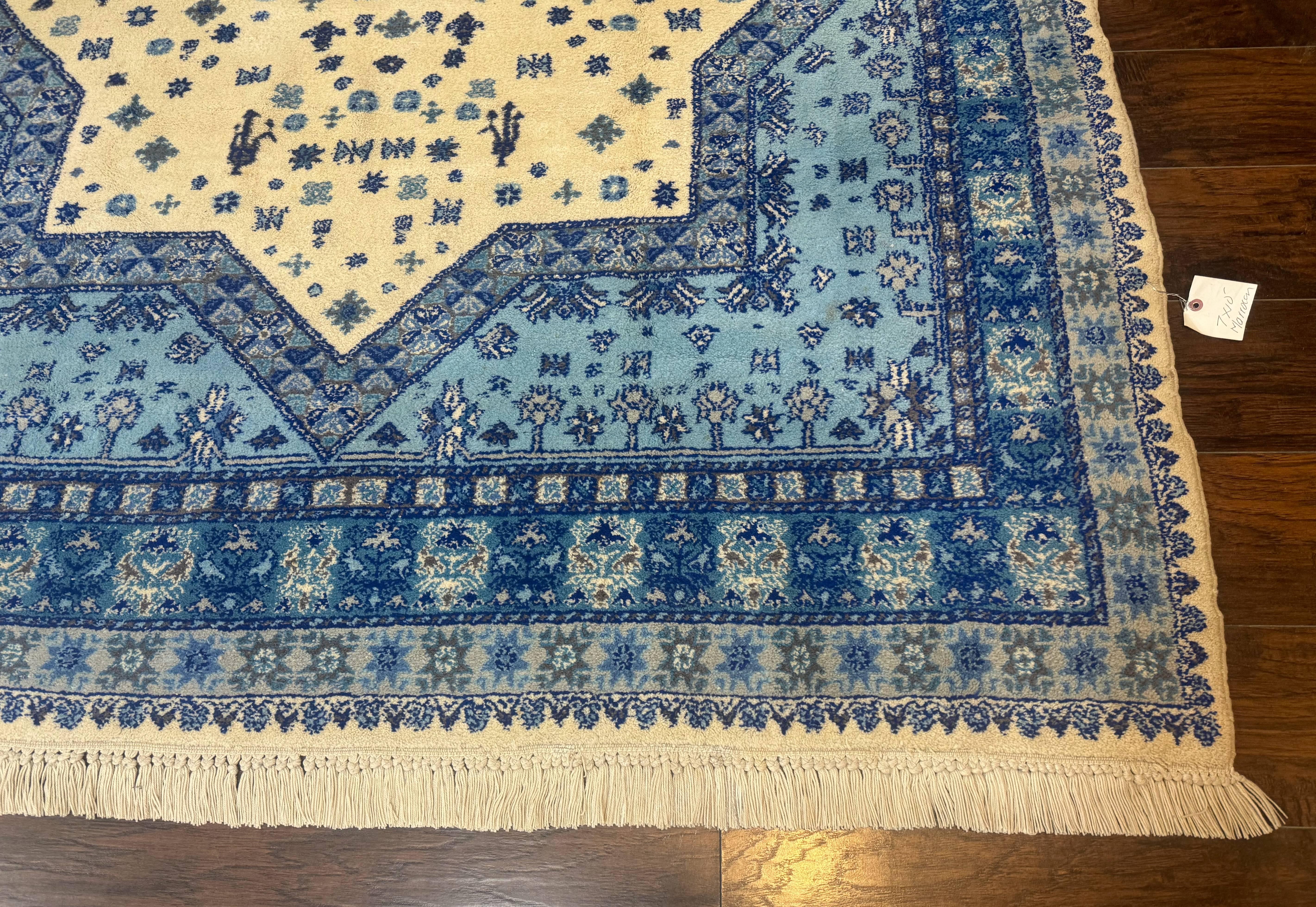 Moroccan Rug 7x10, Geometric Medallion, Blue and Ivory - Jewel Rugs