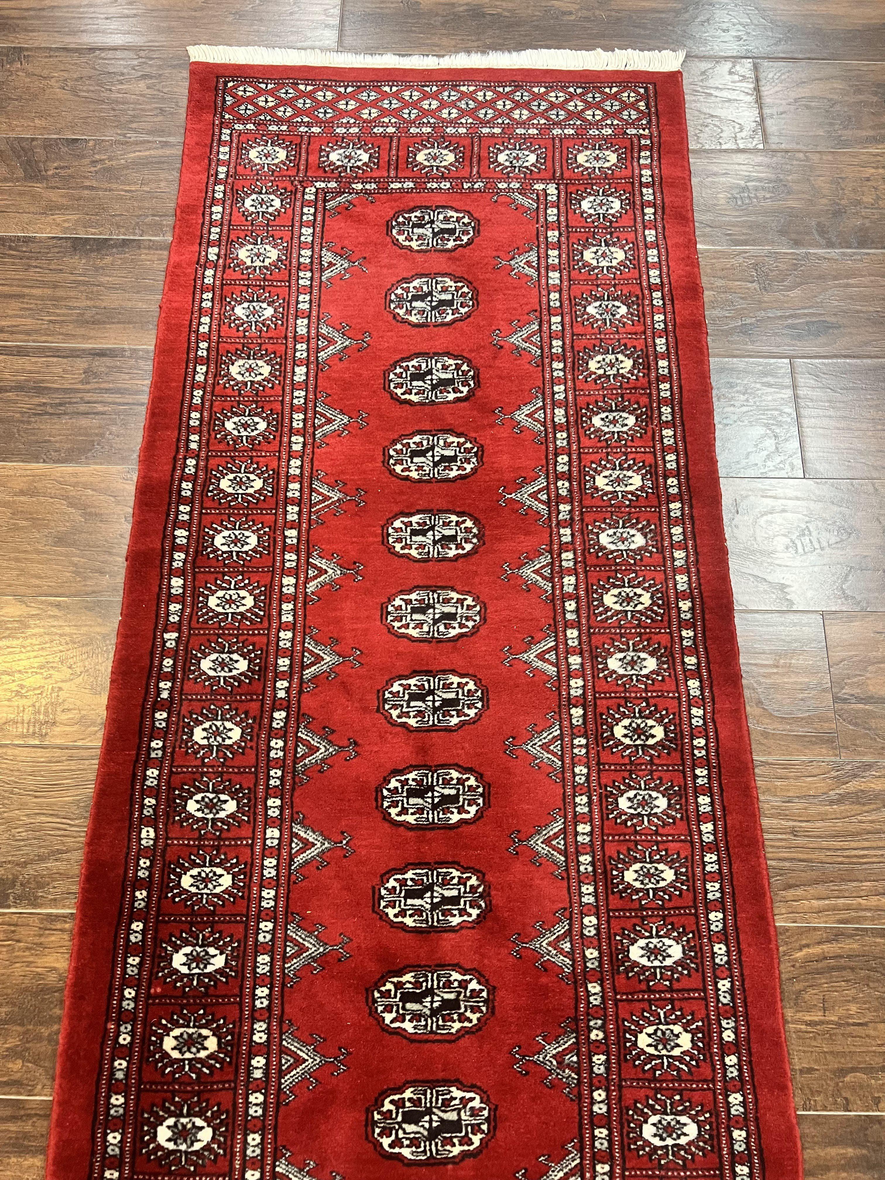 Pakistani Runner Rug 2.8 x 12, Bokhara Turkoman Runner, Wool Hand Knotted Vintage Hallway Rug, Red Ivory & Black - Jewel Rugs