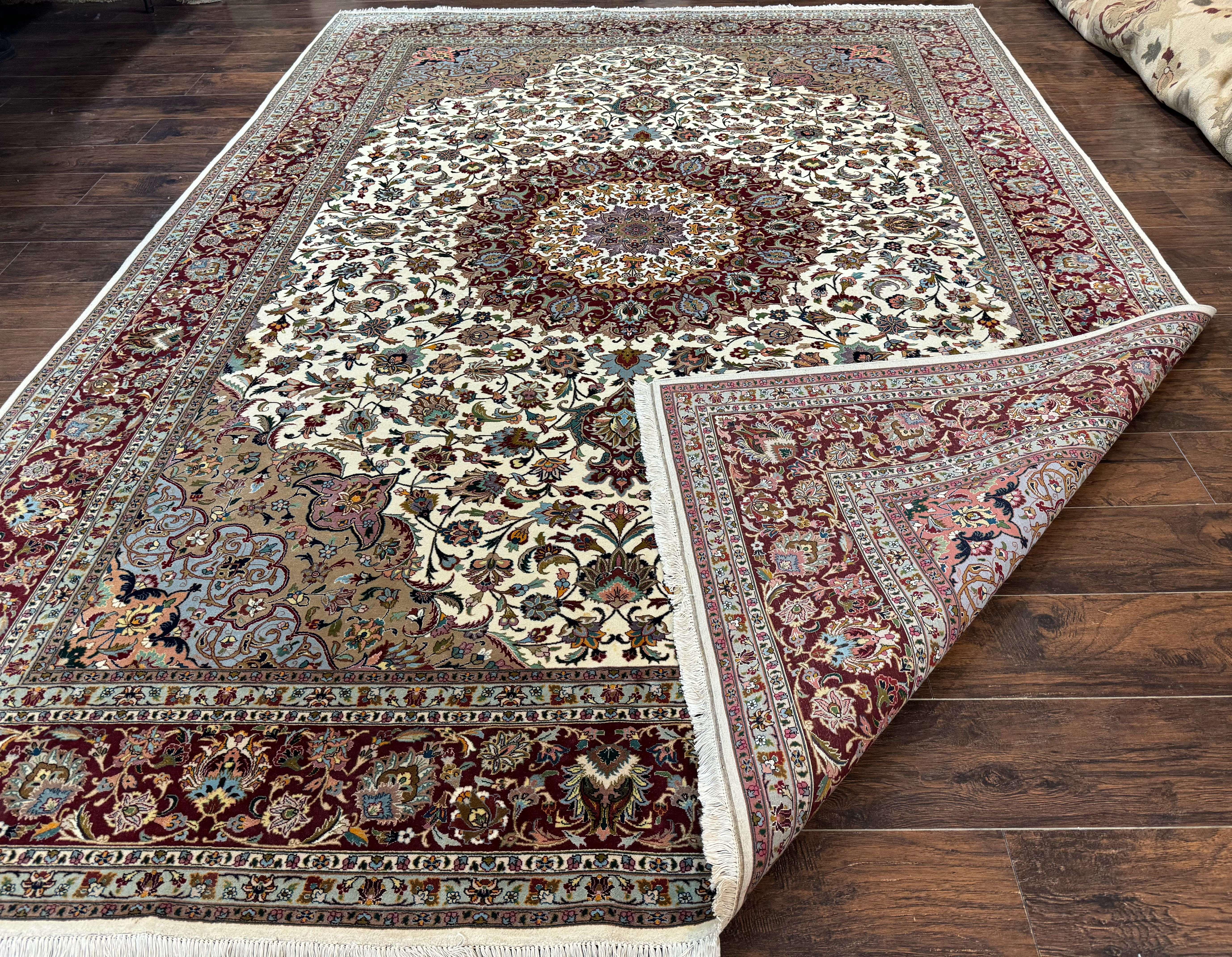 Persian Tabriz Rug 8x11, Floral Medallion Traditional Area Rug, Fine 300 KPSI, Ivory Maroon - Jewel Rugs