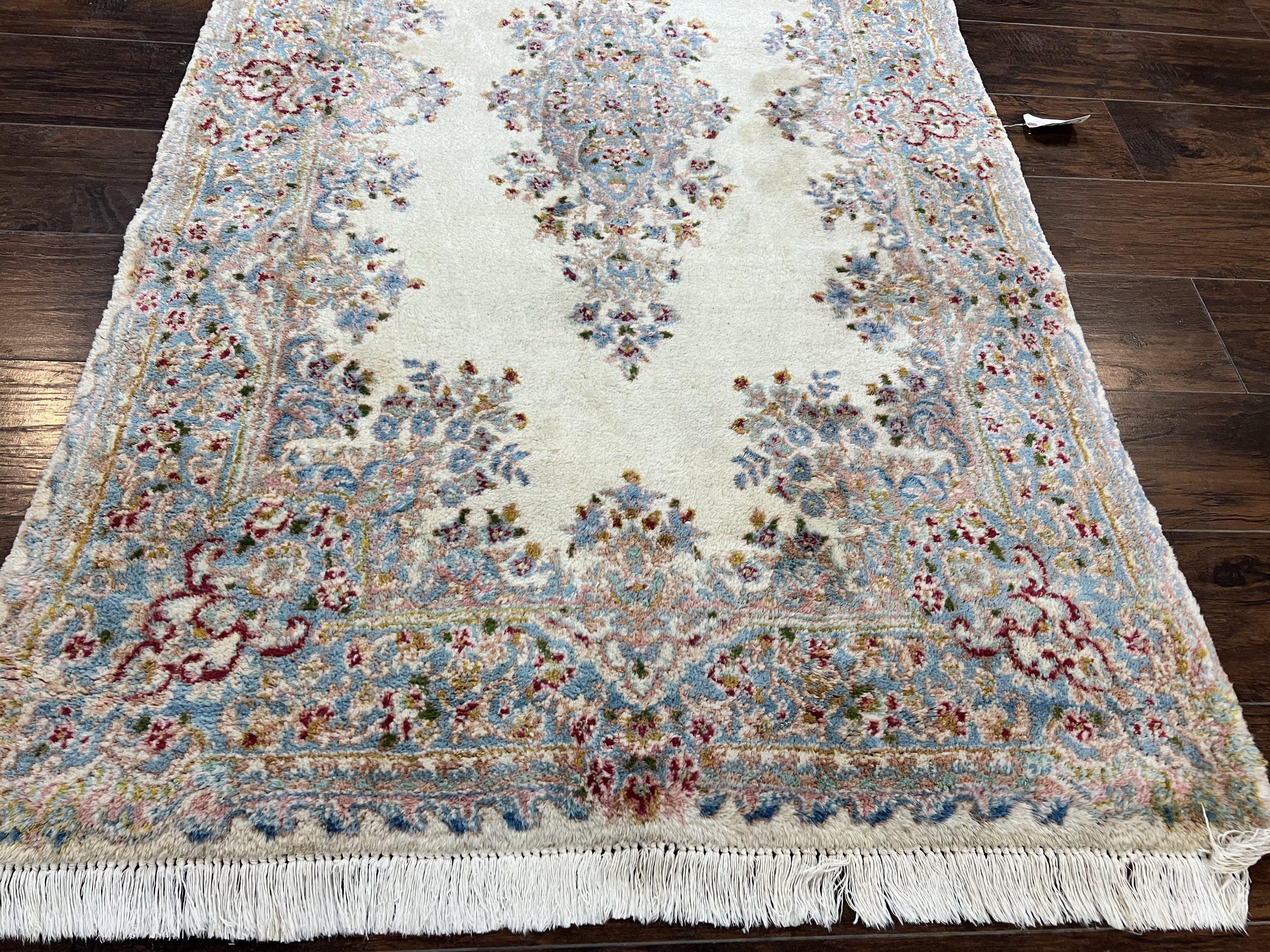 Persian Kirman Rug 4x7, Wool Handmade Vintage Carpet, Cream & Light Blue, Semi Open Field, Traditional Oriental Rug - Jewel Rugs