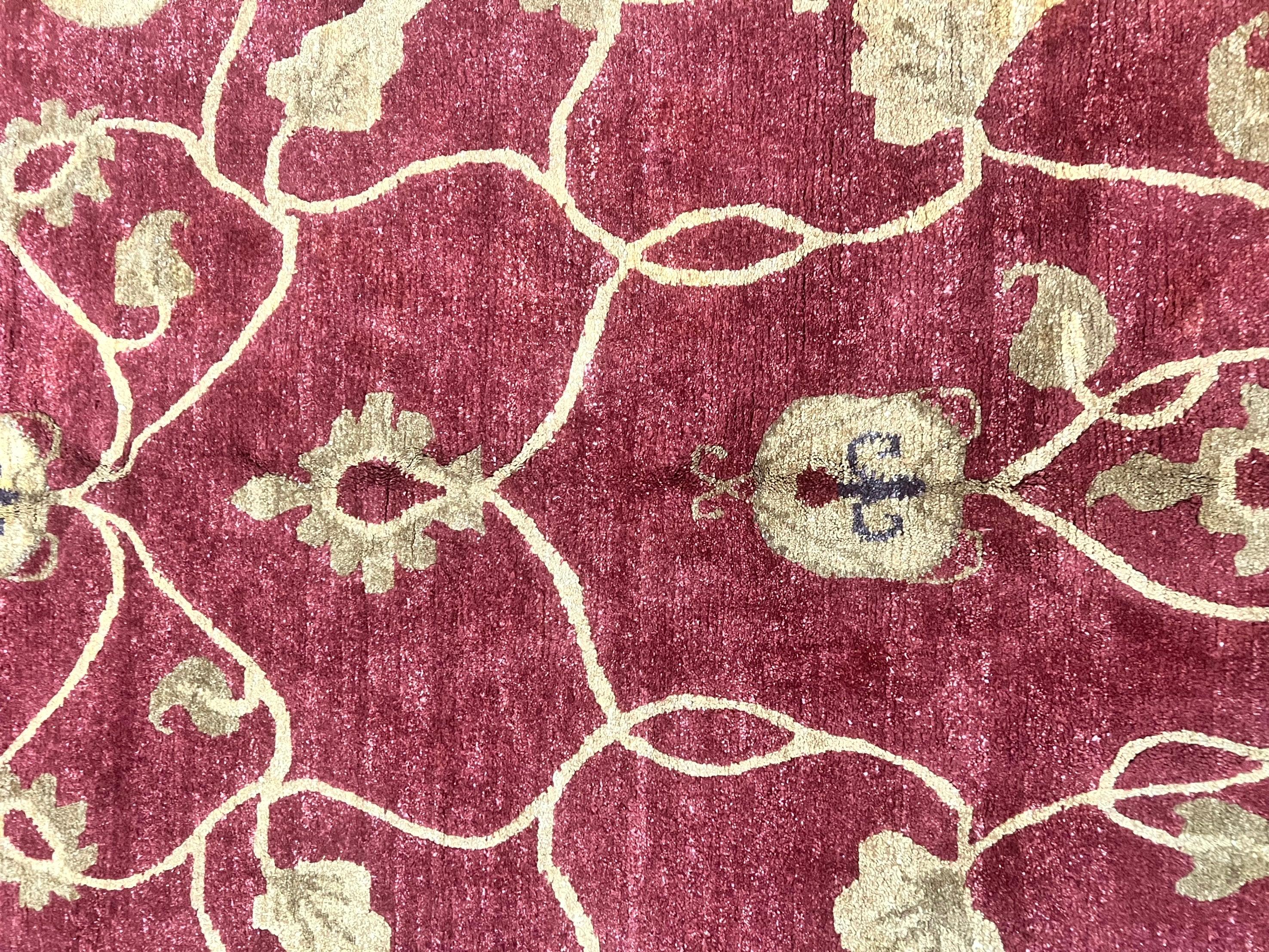 Tibetan Aubusson Rug 8x10, Maroon and Beige, Floral, Handmade, Wool, Vintage, Traditional Rug - Jewel Rugs
