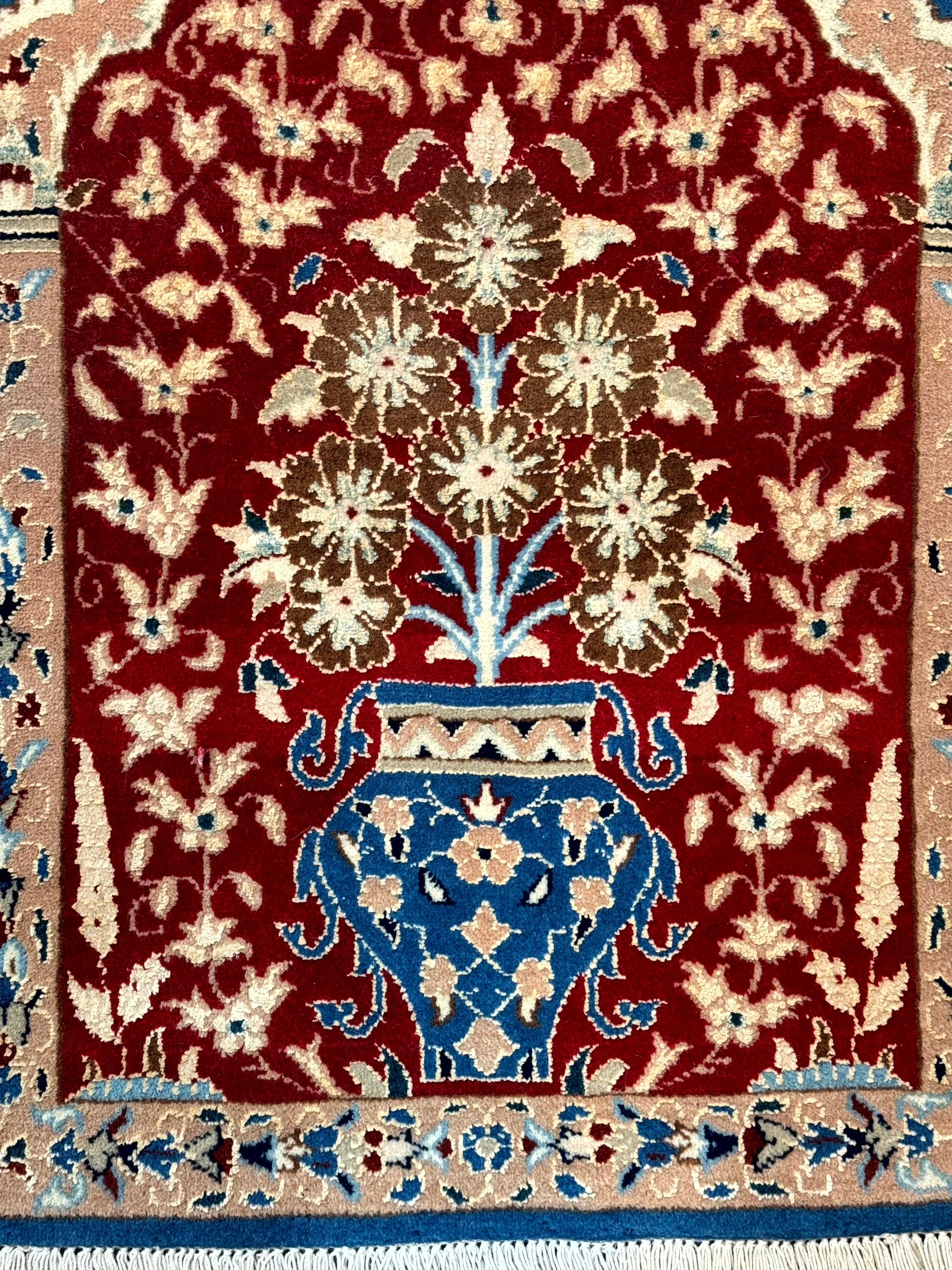 Small Persian Nain Rug, Persian Vase Tree of Life Design, Red and Blue, Very Fine 260 KPSI, Wool and Silk Highlights - Jewel Rugs