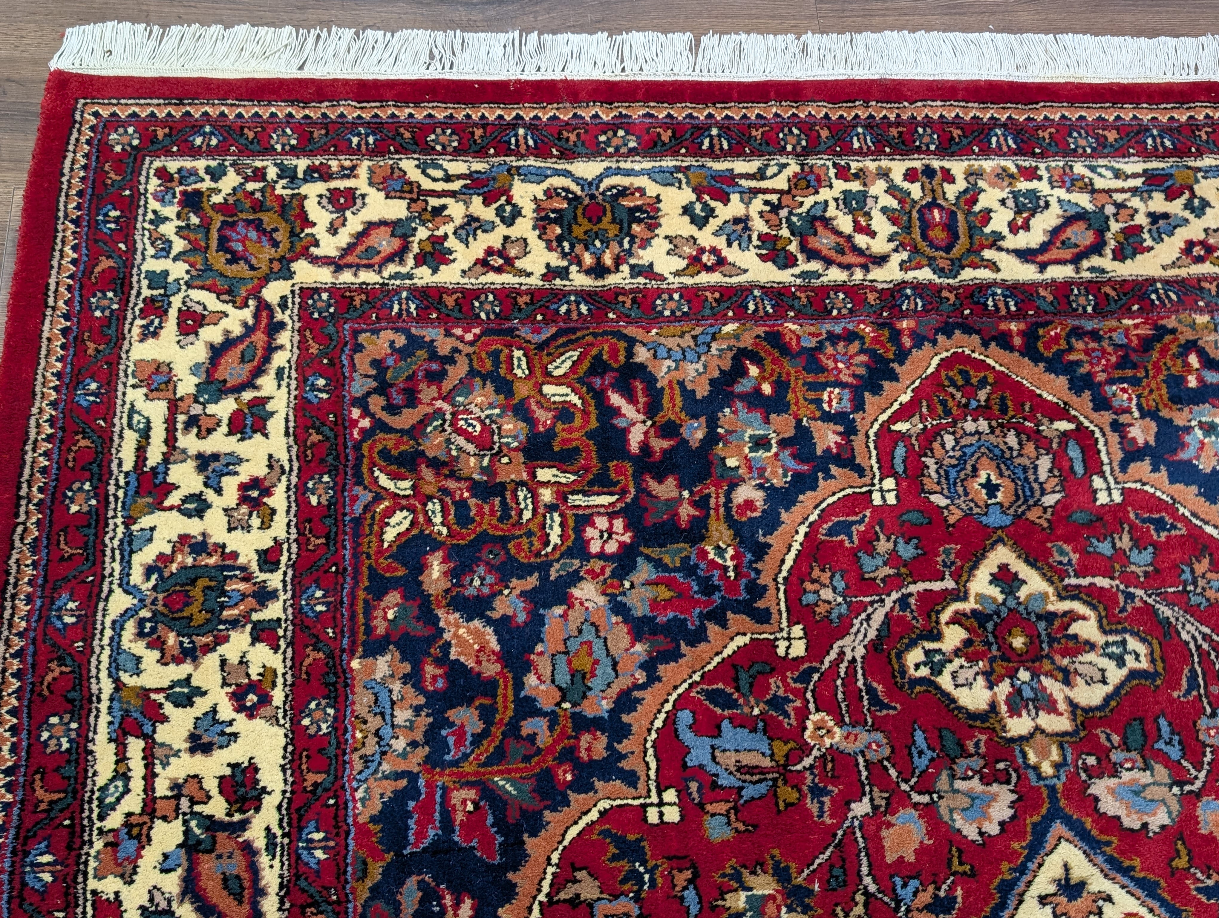 Indo Persian Rug 7x10, Floral Medallion Hand-Knotted Wool Carpet, Red Ivory Navy - Jewel Rugs