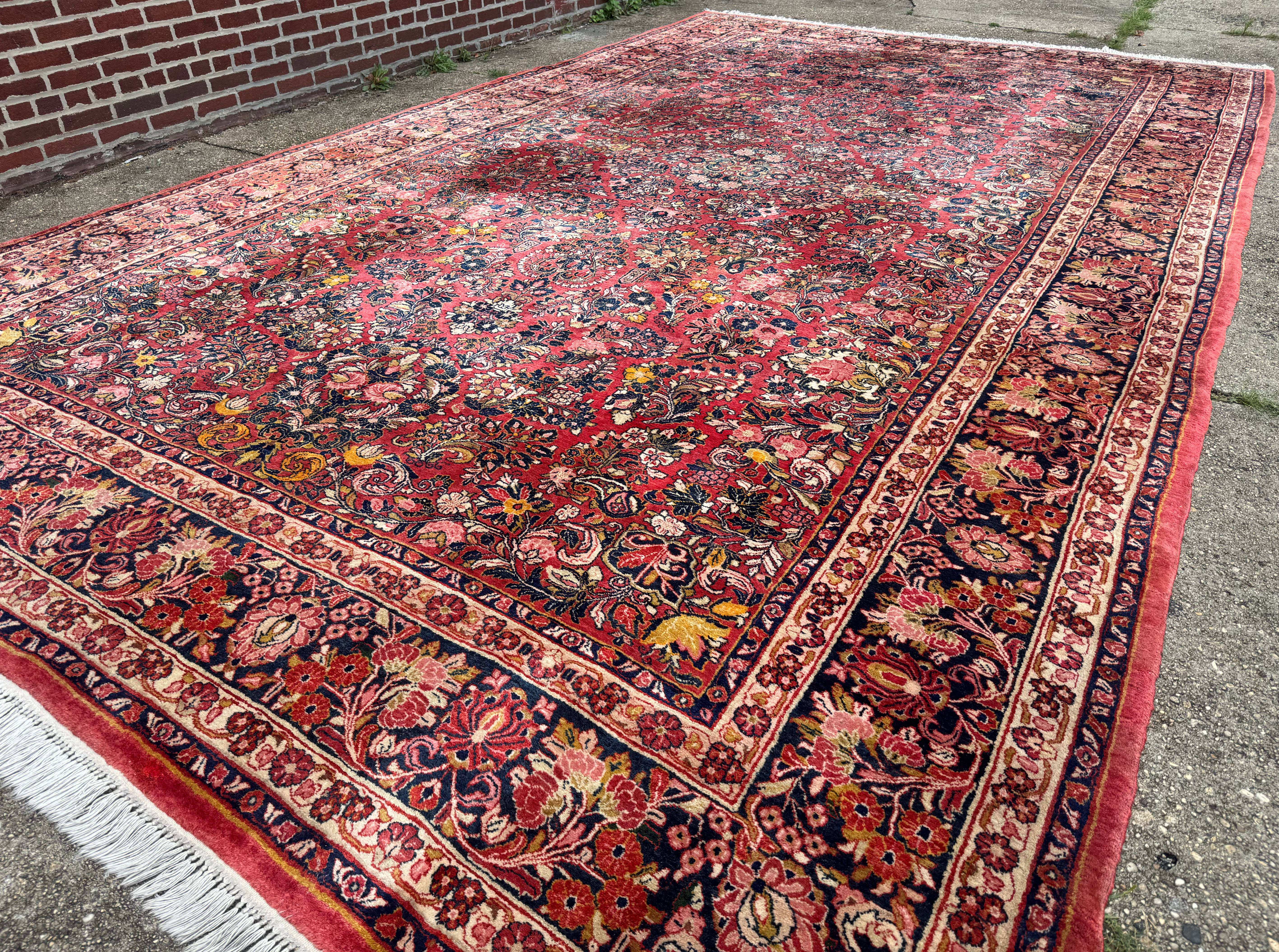 Large Antique Persian Sarouk Rug 11x18, Red, Floral Allover, Palace Size Wool Handmade Carpet - Jewel Rugs