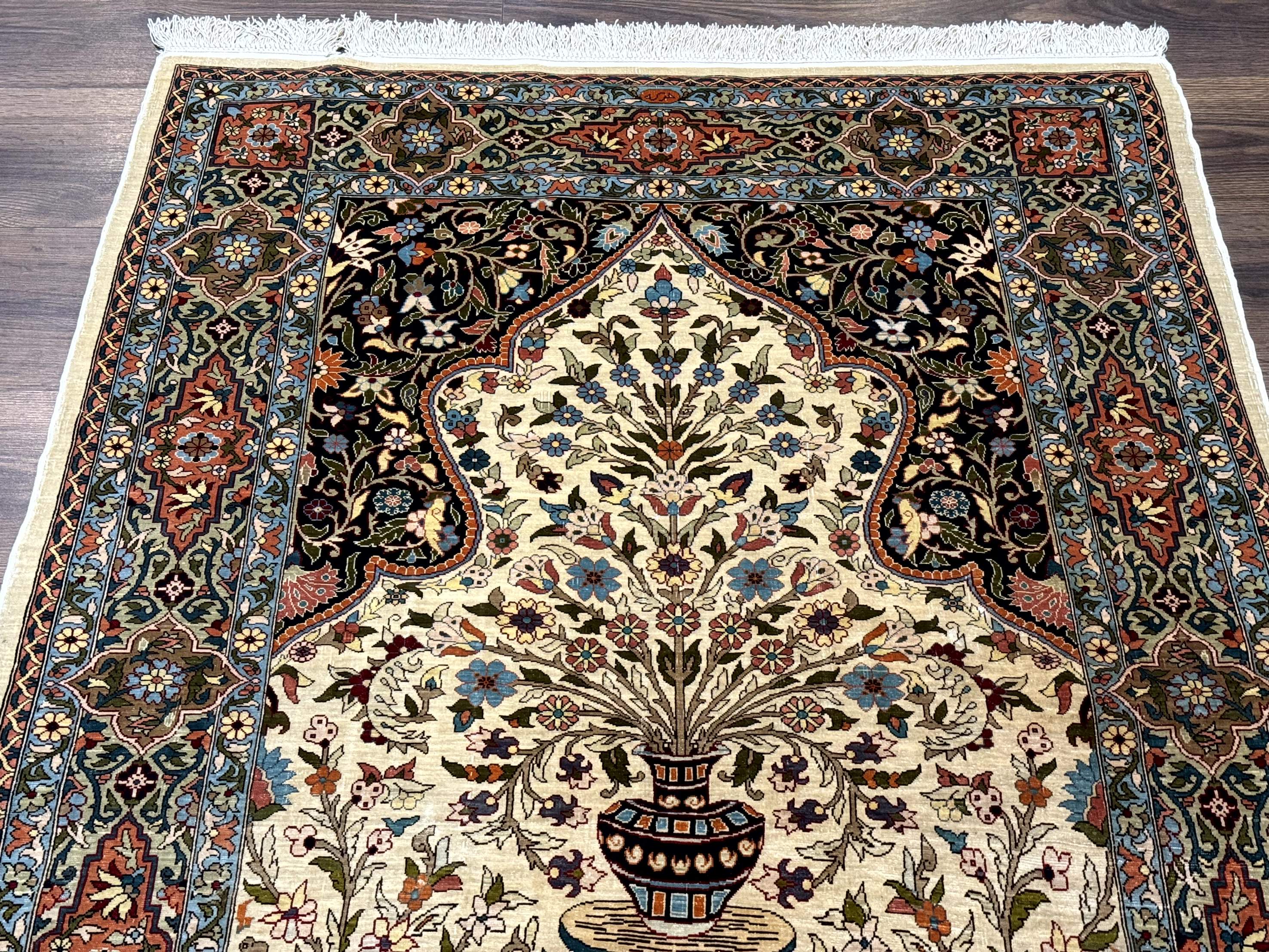 Rare Turkish Hereke Silk Rug 3x5, Tree of Life Persian Vase Design, Very Fine 440 KPSI, Signed - Jewel Rugs