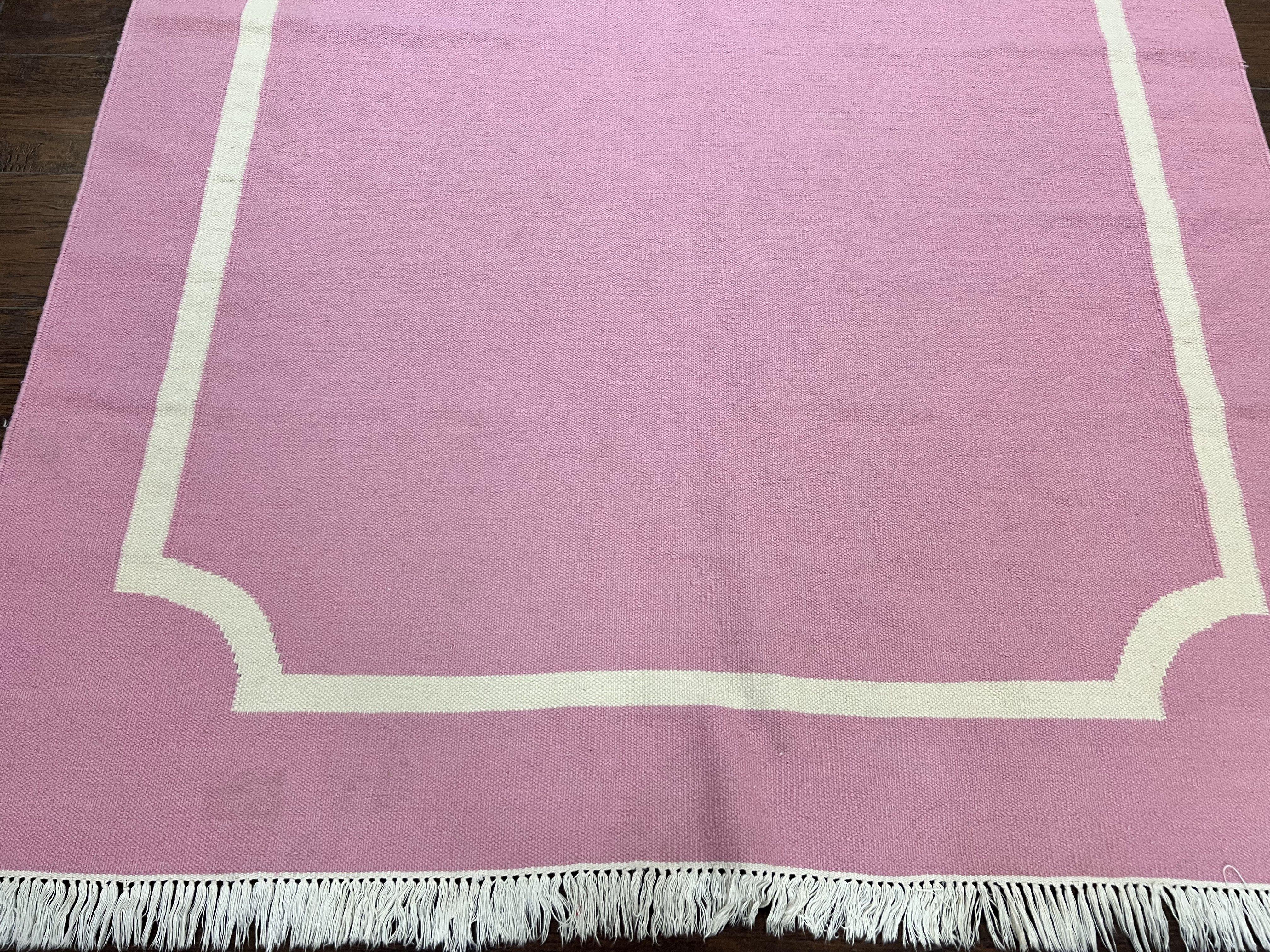 Indian Dhurrie Rug 5x8, Wool Handmade Contemporary Carpet, Pink Flatweave Kilim Area Rug, Medium Sized Rug 5 x 8 ft - Jewel Rugs
