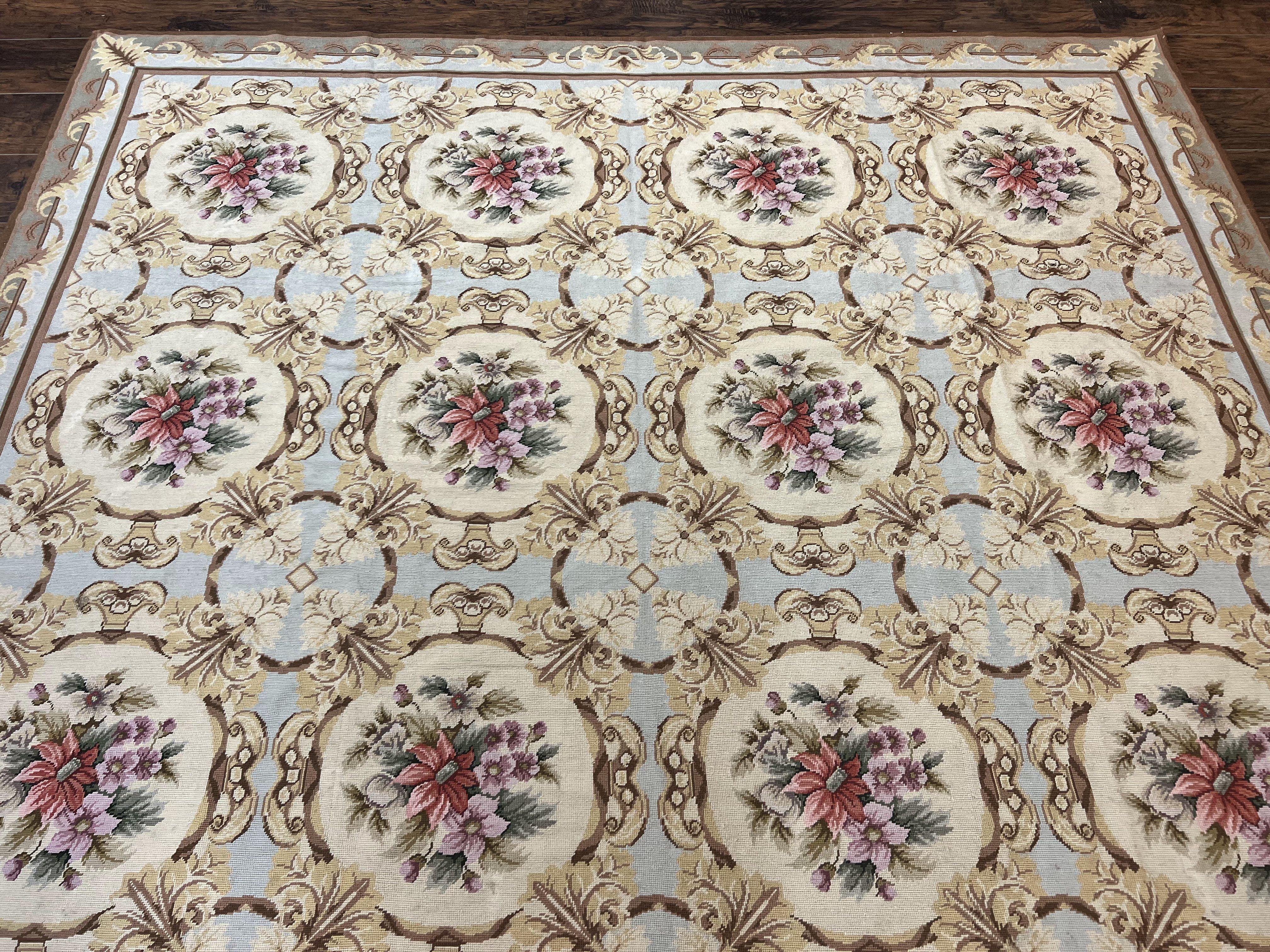 Chinese Needlepoint Rug 8x11, Handmade Wool Needlepoint Carpet, Vintage, Sky Blue - Jewel Rugs