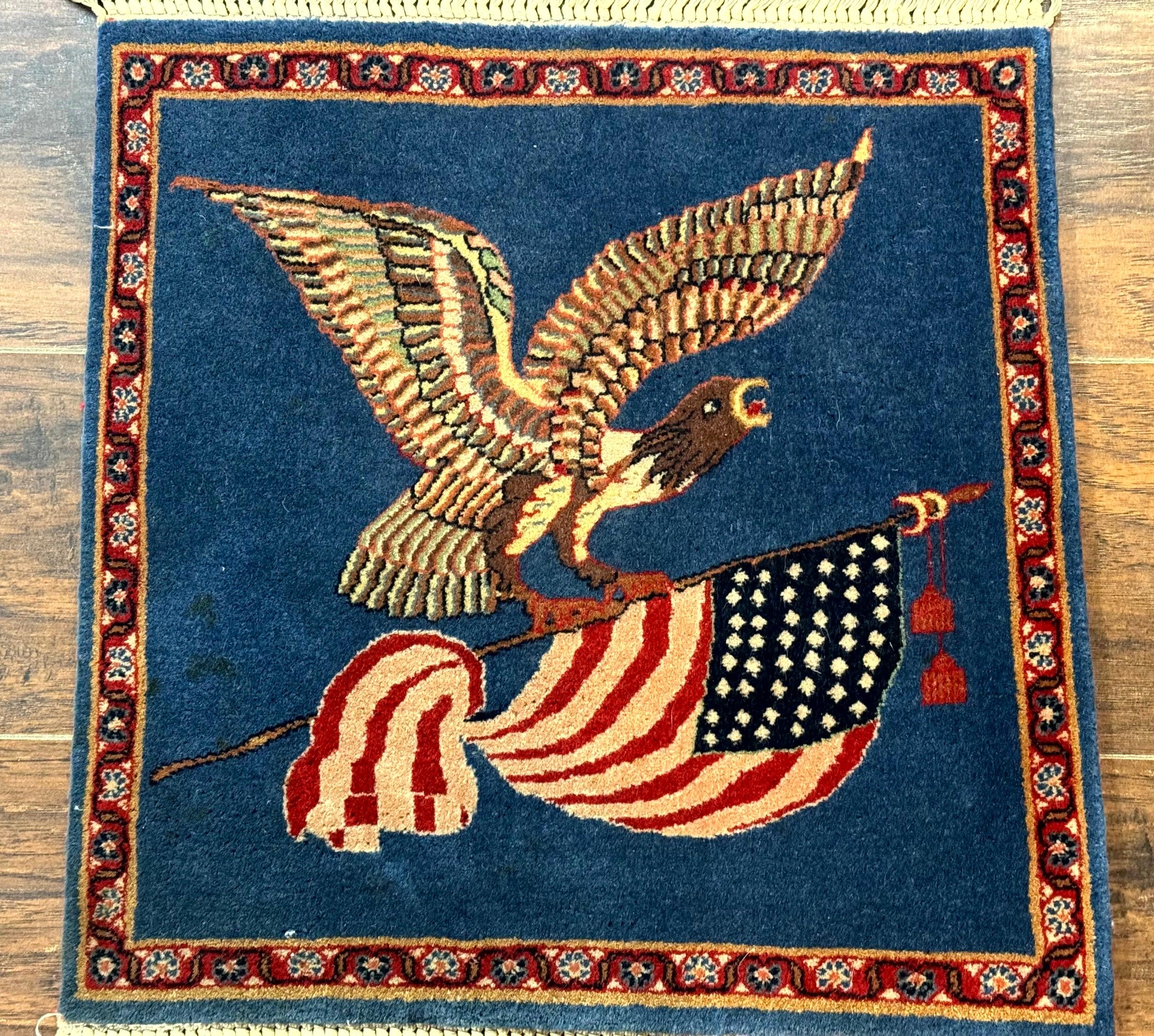 Pictorial Rug of American Flag with Bald Eagle, Small Indo Persian Pictorial Rug, Blue, Handmade, Very Fine 330 KPSI - Jewel Rugs