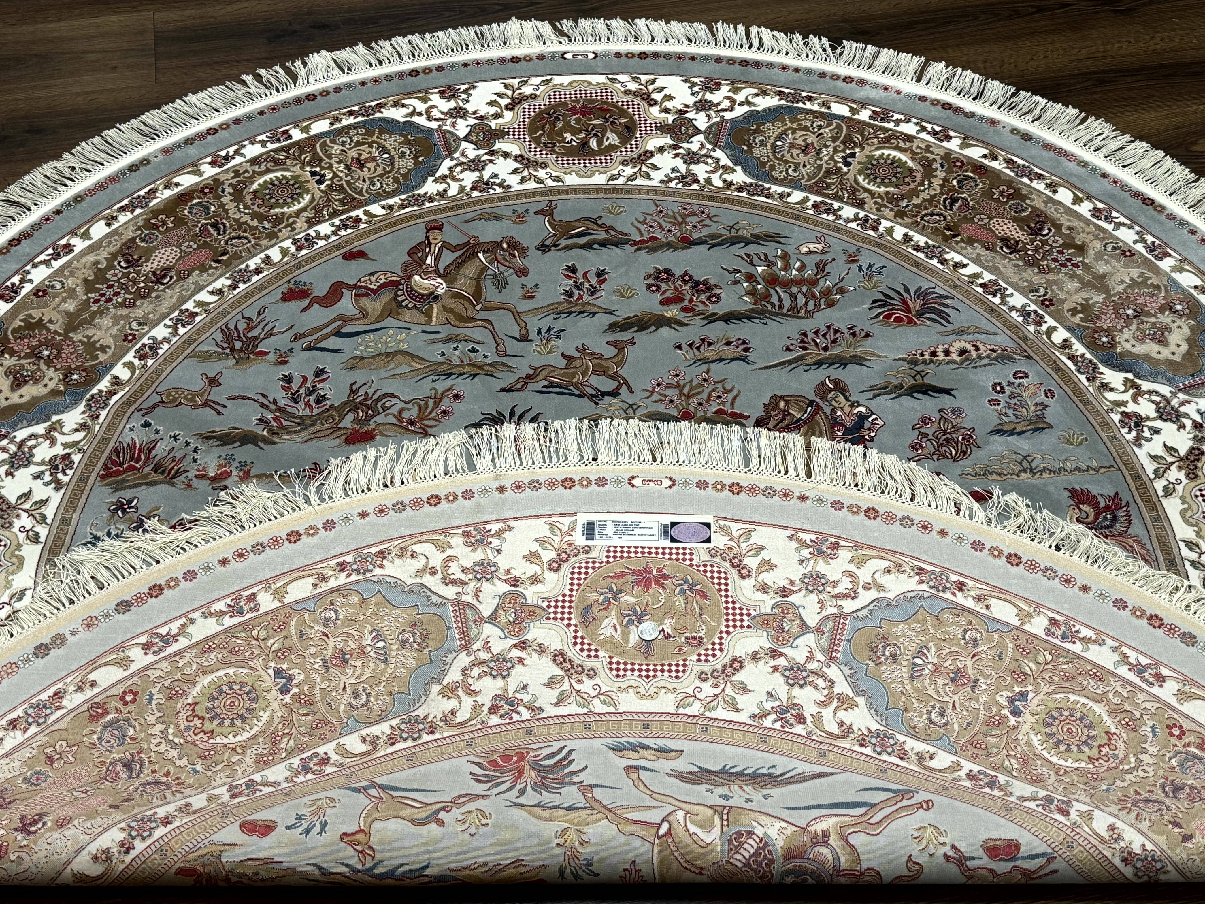 Round Silk Rug 6x6, Hunting Design, Bamboo Silk, Animal Pictorials - Jewel Rugs