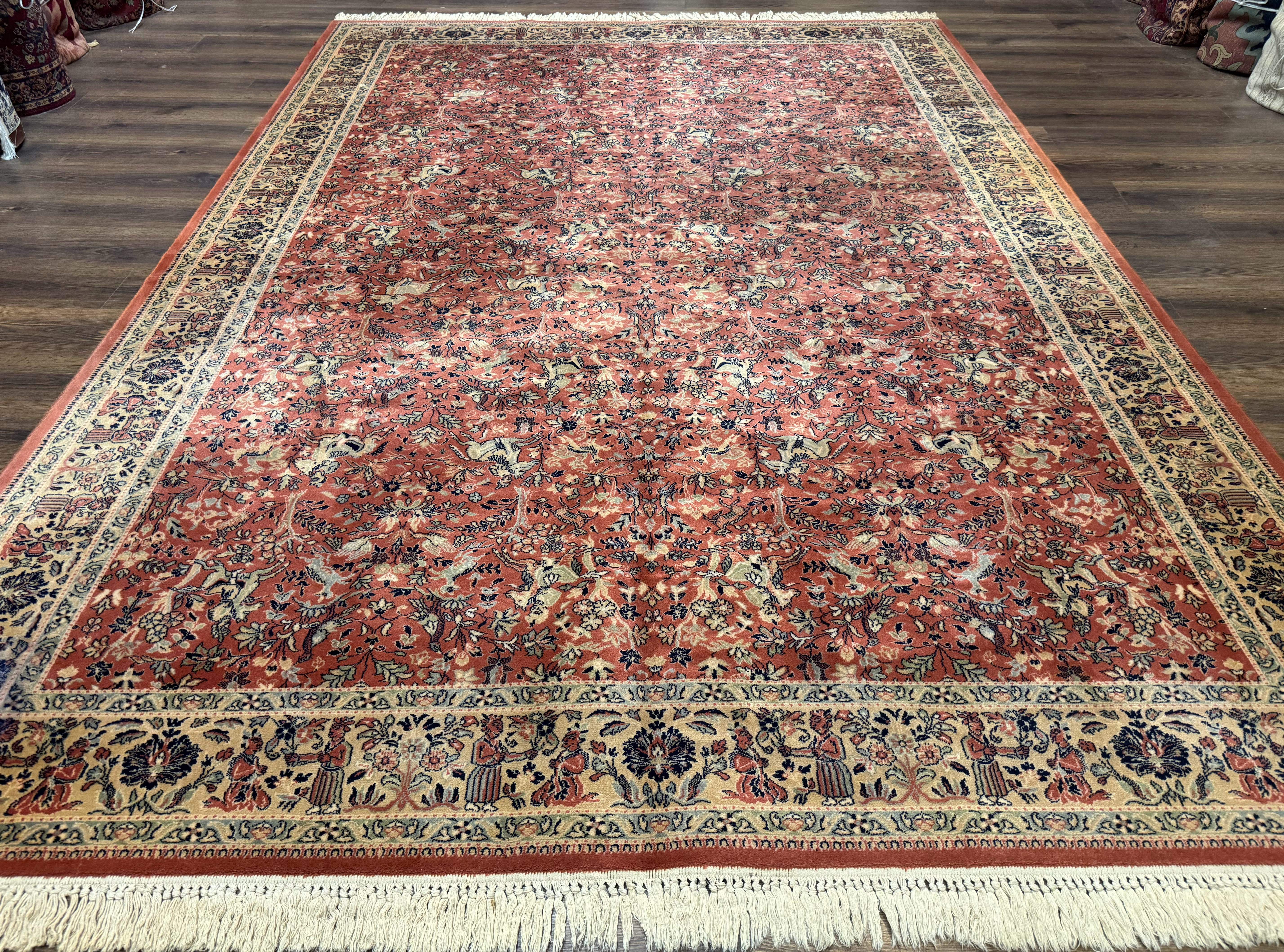 Persian Area Rug 8 x 11.6, Wool, Royal Hunting Scene, Vintage Couristan Rug, Red, Allover Pattern, Belgium Power Loomed - Jewel Rugs