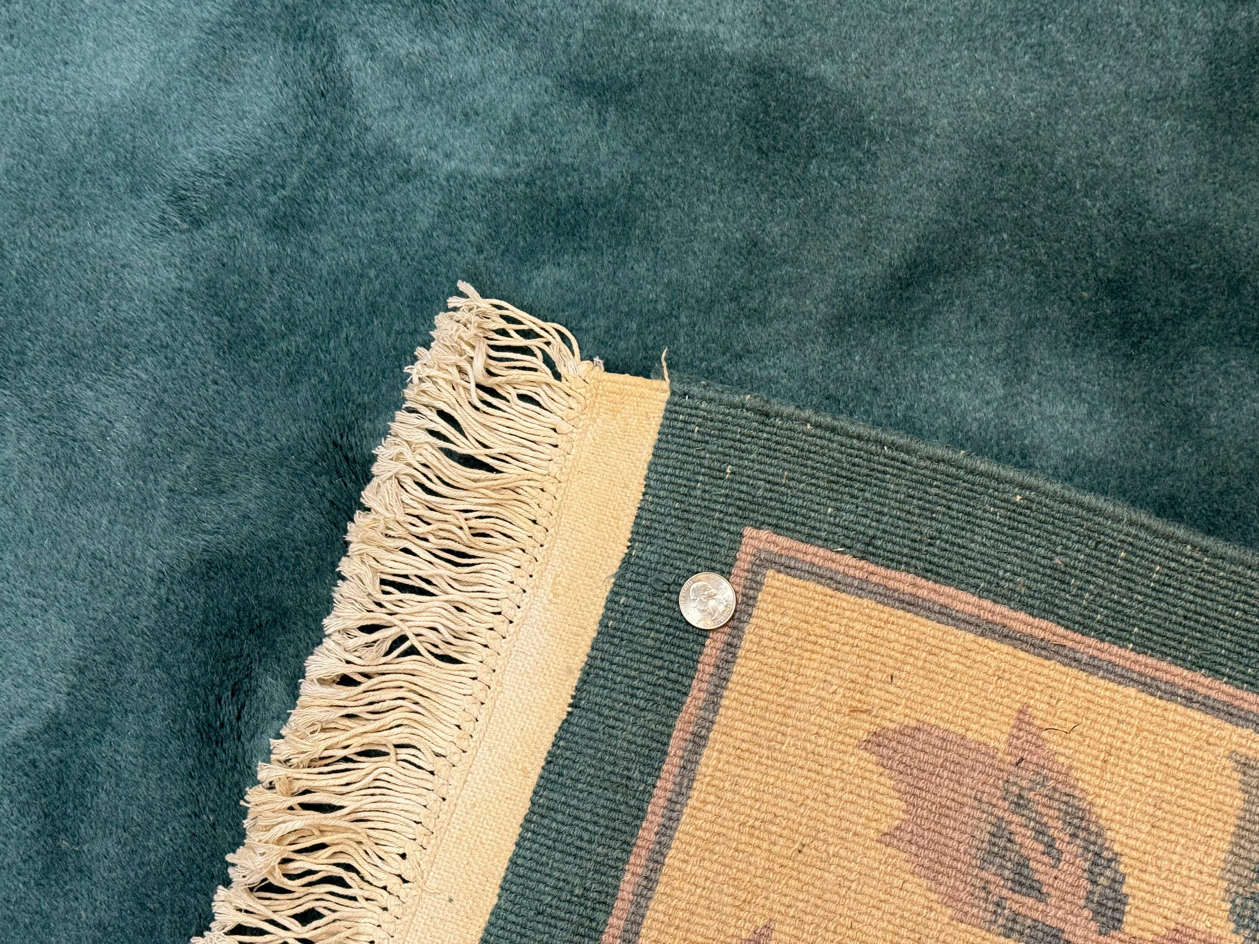 Chinese 90 Line Rug 8x11 ft – Teal and Beige, Hand-Knotted Wool, Aubusson Vintage Carpet - Jewel Rugs