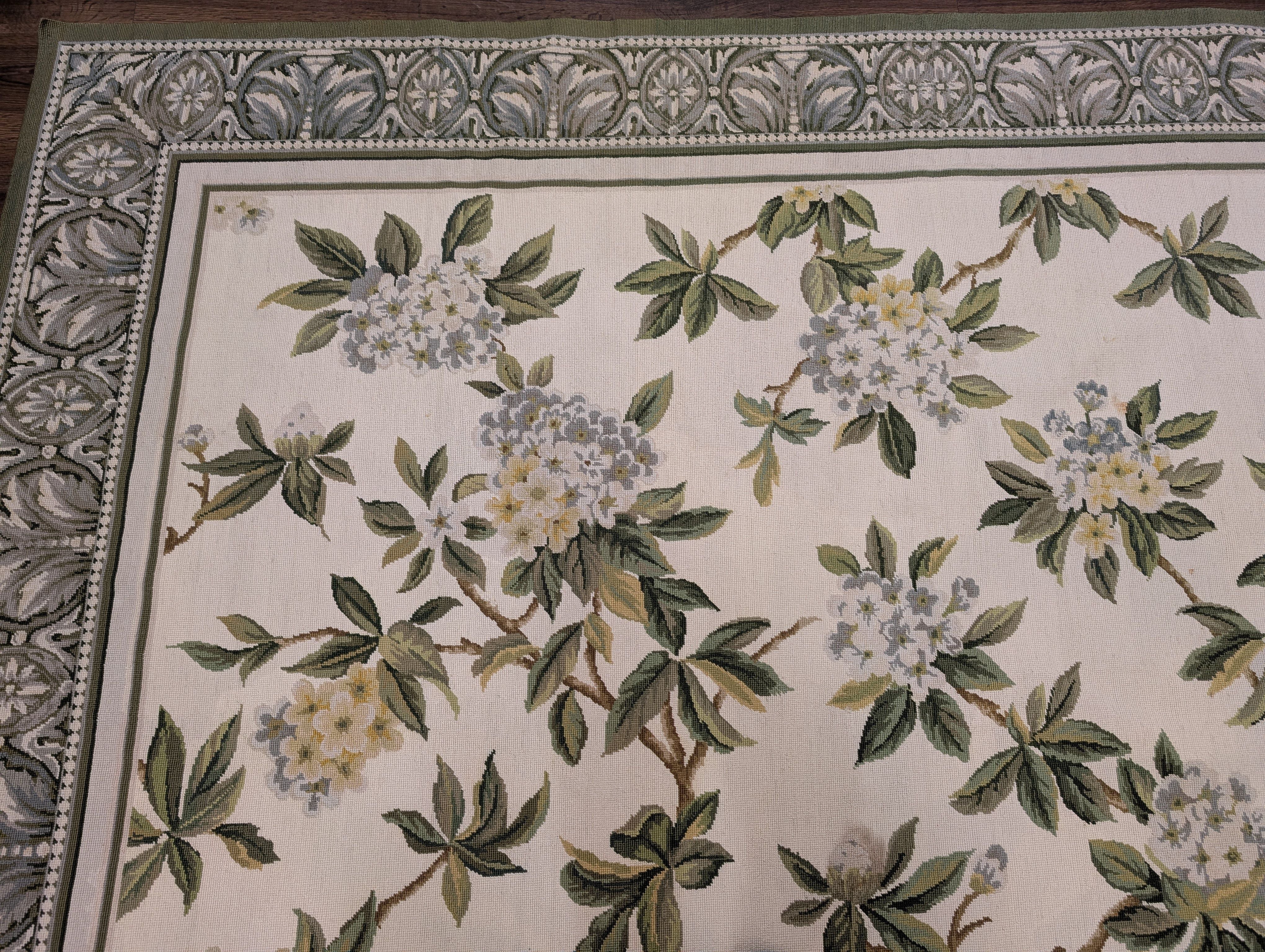 Needlepoint Rug 9x12, Floral, Ivory and Green, Wool - Jewel Rugs