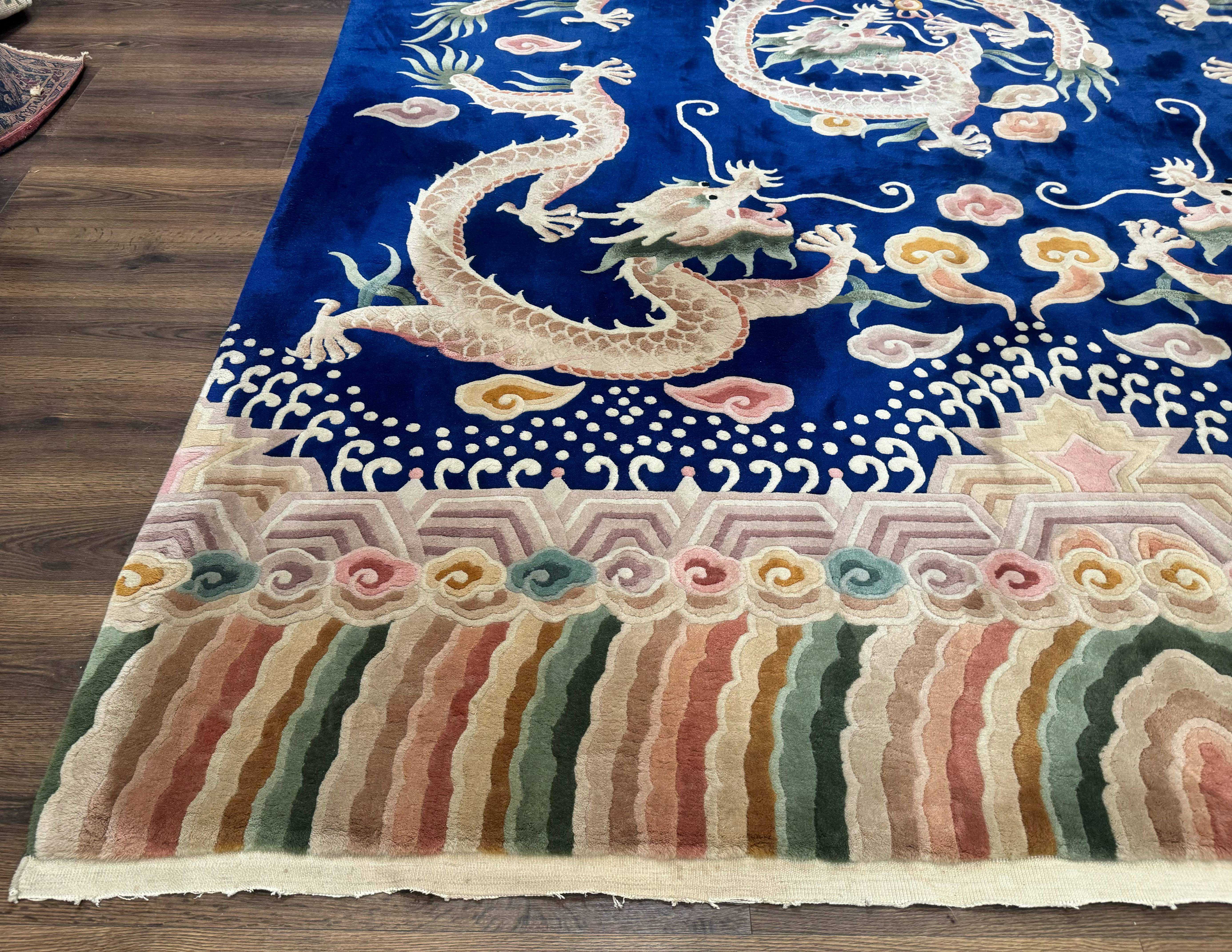 Blue Chinese Rug 9x12, Dragons, Rainbow Border, Art Deco Carpet, Peking Rug, Rare - Jewel Rugs