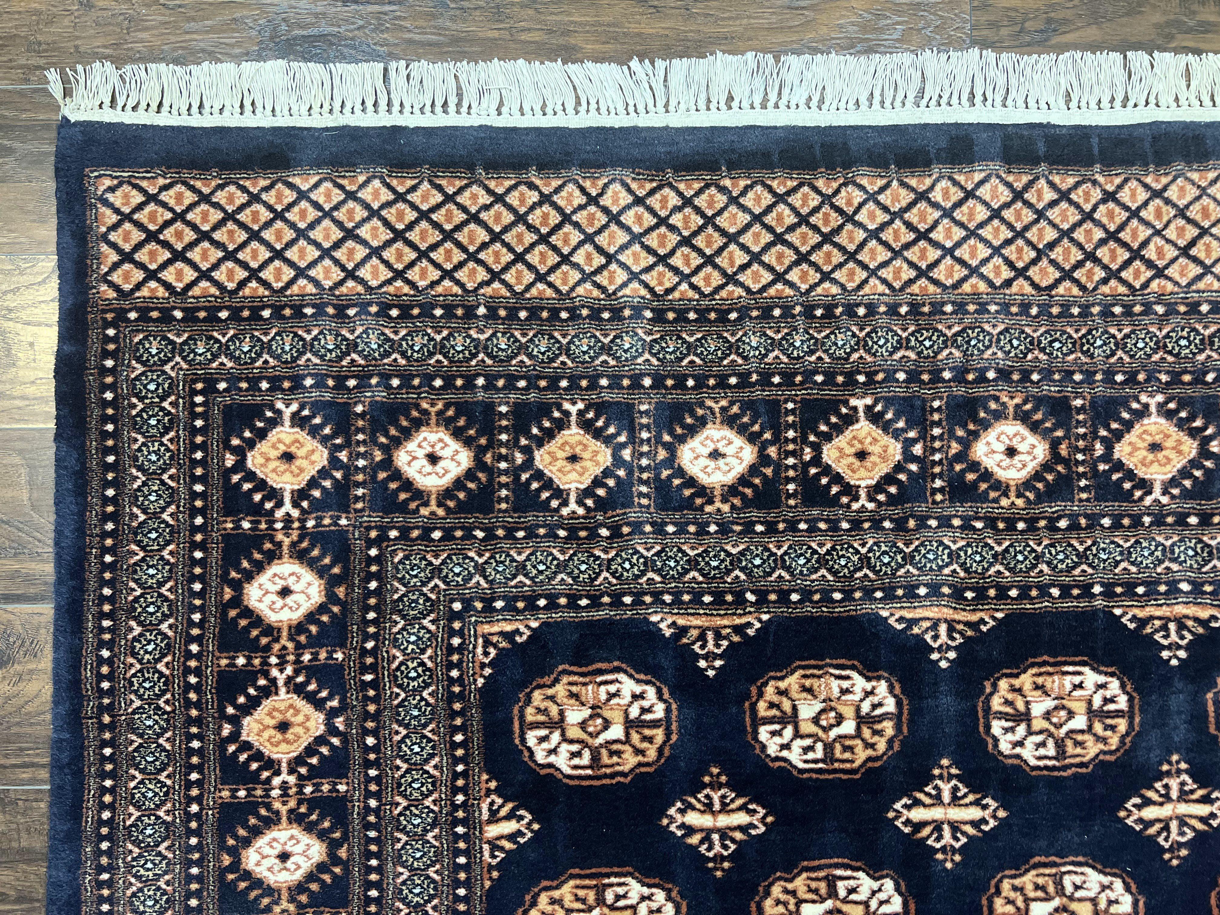 Pakistani Bokhara Rug 8x10, Turkoman Carpet 8 x 10, Dark Blue Ivory Cream Tan, Hand Knotted Vintage Handmade Wool Tribal Rug - Jewel Rugs