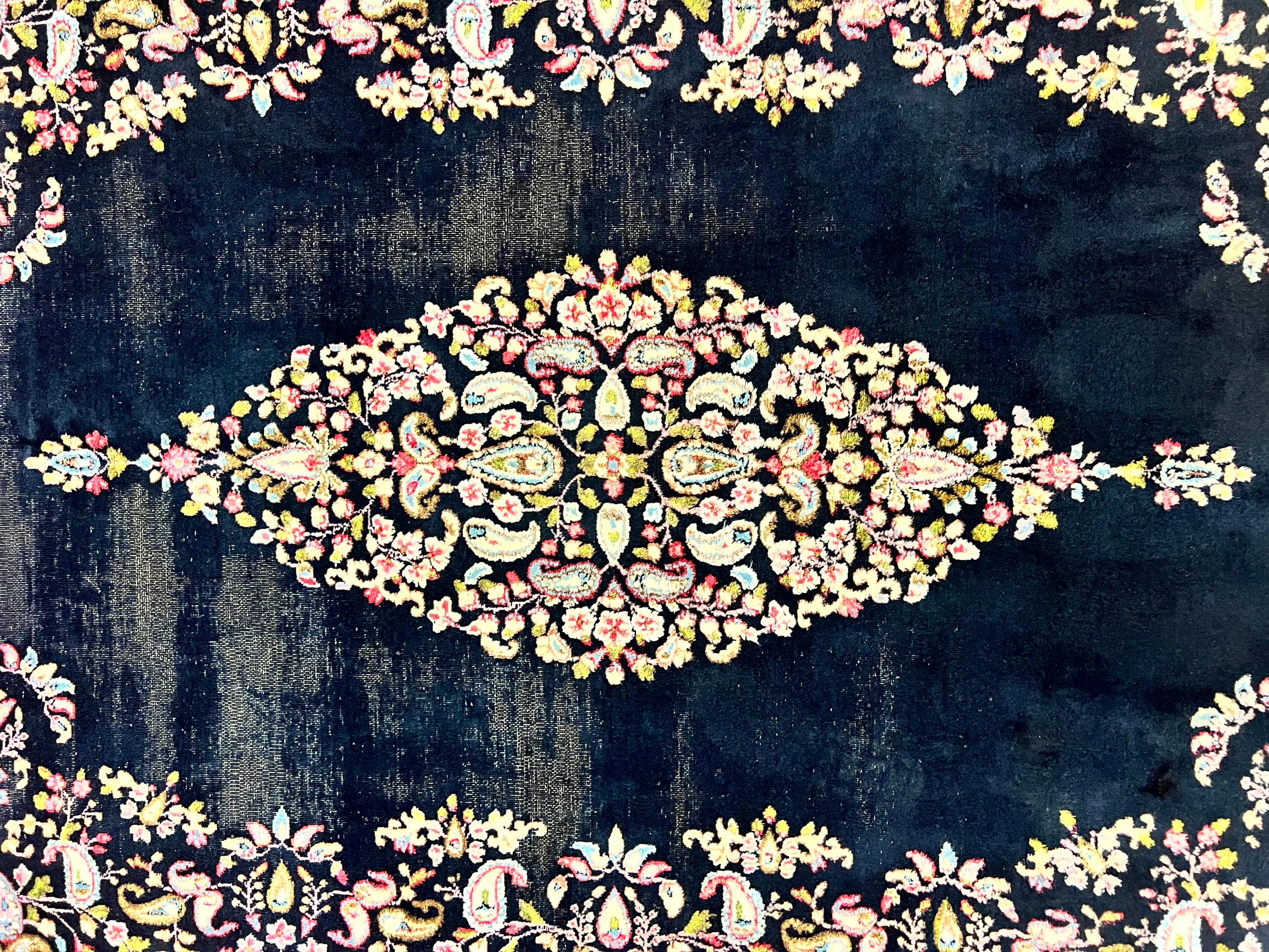 Antique Persian Kirman Rug 5x8, Floral Kirman, Midnight Blue/Black, Semi Open Field, Handmade Vintage Wool Carpet - Jewel Rugs