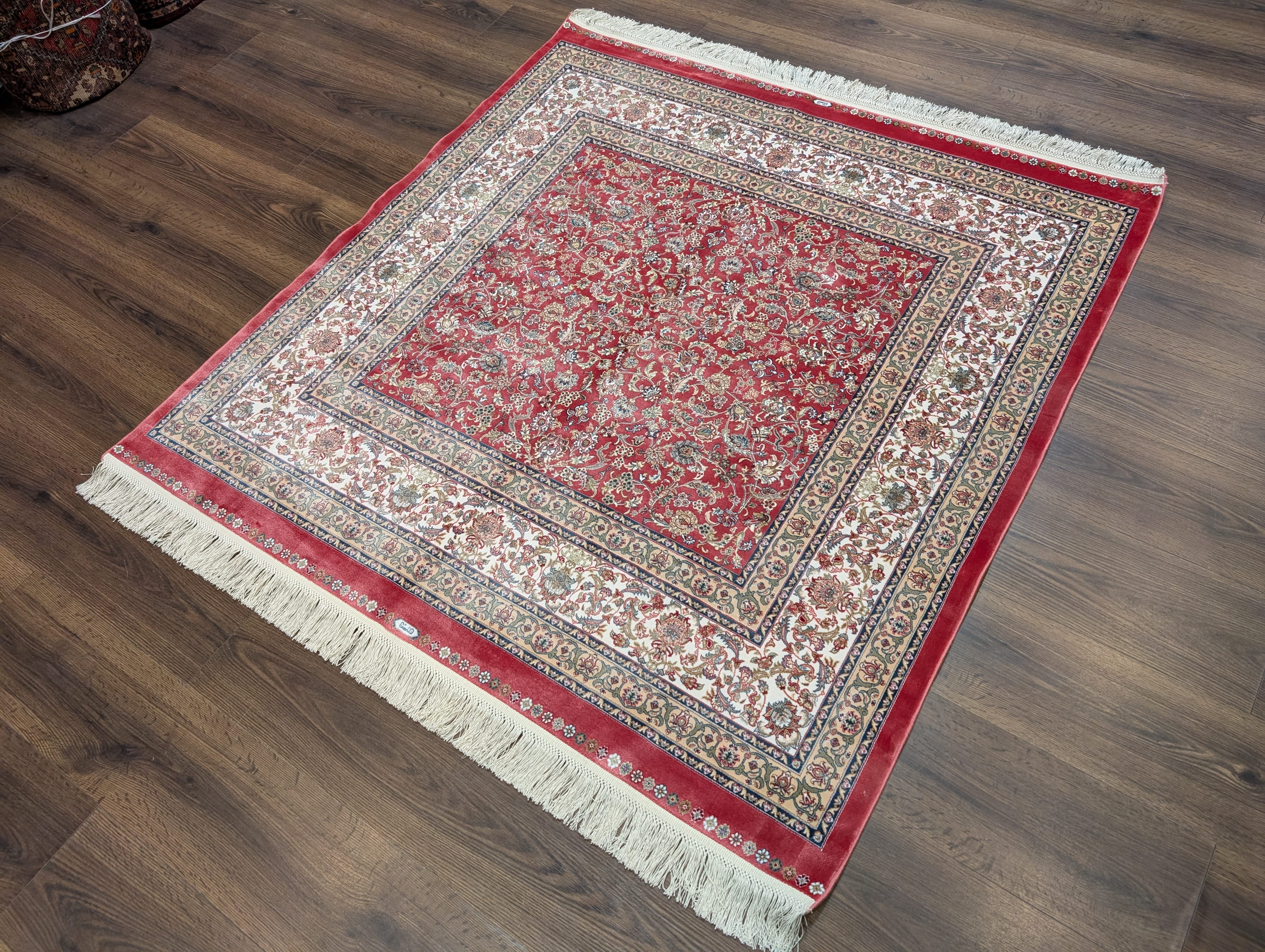 Square Silk Rug 5x5, Red and Ivory, Floral, Turkish Silk Carpet, New, Bamboo Silk - Jewel Rugs