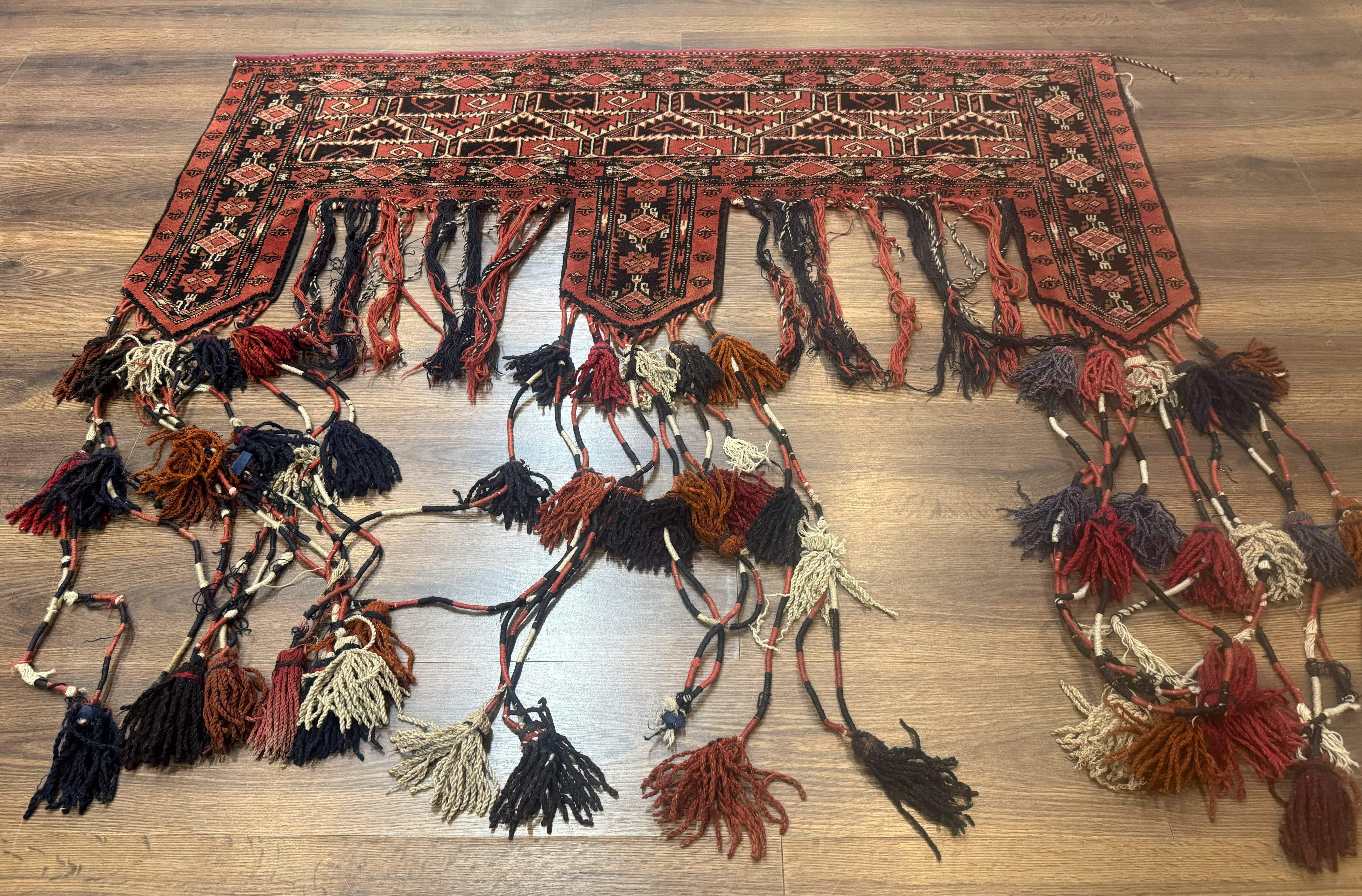 Persian Turkoman Tribal Door Hanging, Tent Header, Wool, Handmade, Red Black, Tribal Collectible - Jewel Rugs